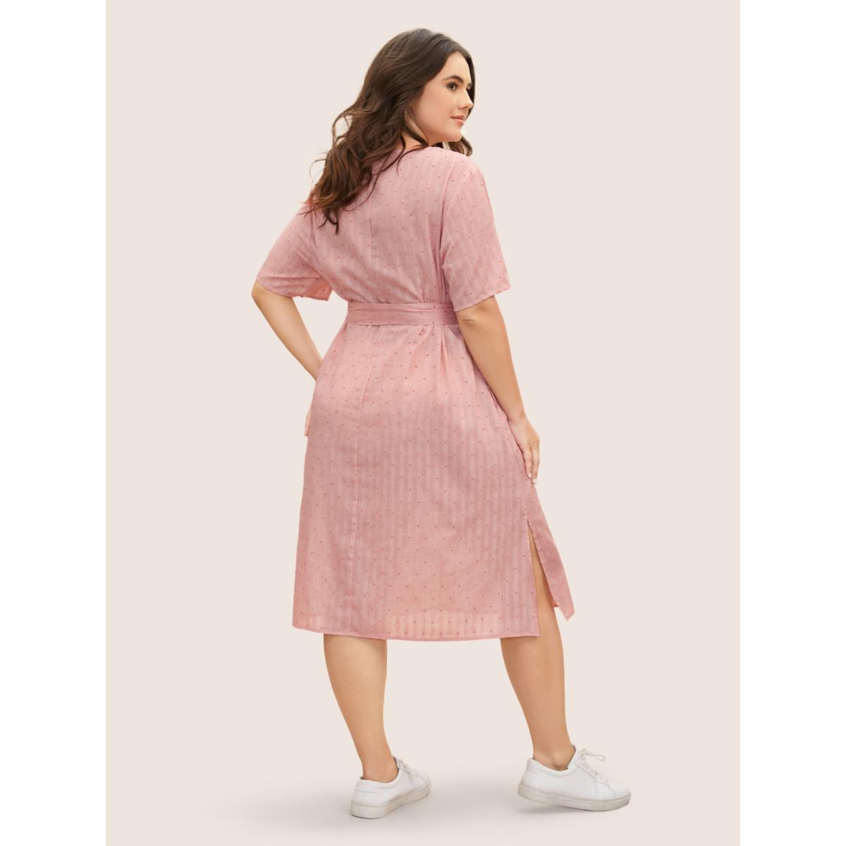 Plus Size Polka Dot Jacquard Split Hem Belted Dress Beanpastepowder Women Casual Texture Round Neck Short sleeve Curvy BloomChic 18-20/2X Product Image