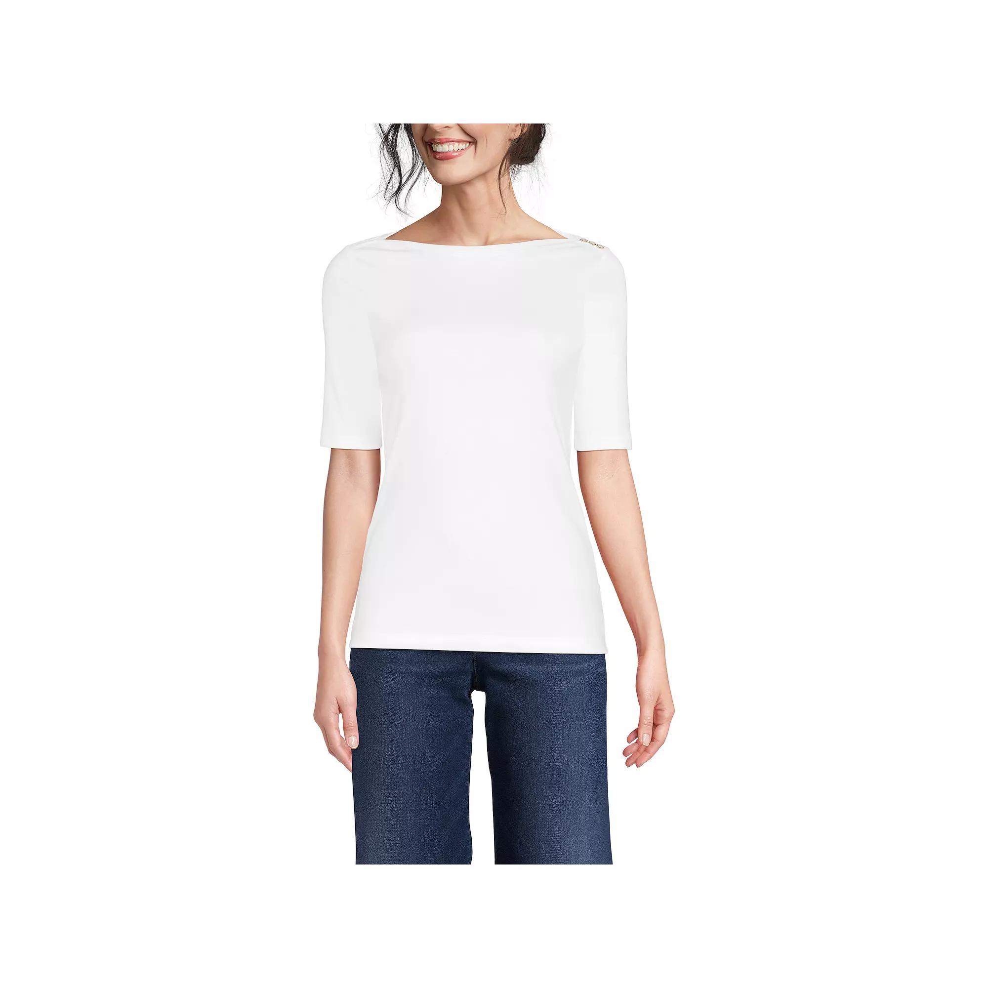 Women's Lands' End Elbow Sleeve Boatneck Button Shoulder Top,  Product Image