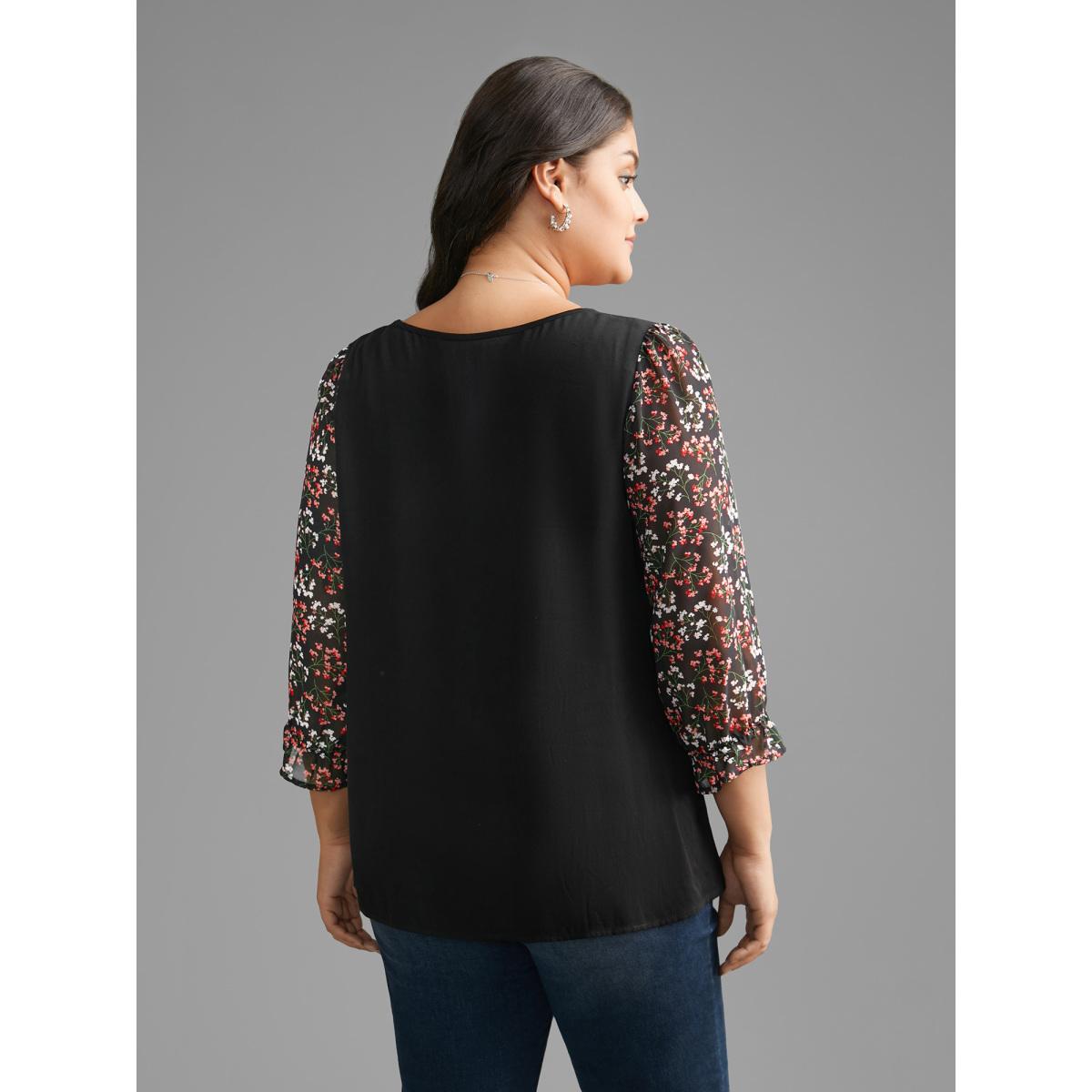 Plus Size Black V Neck Ditsy Floral Patchwork Blouse Women Elegant Elbow-length sleeve V-neck Everyday Blouses BloomChic 10/M Product Image