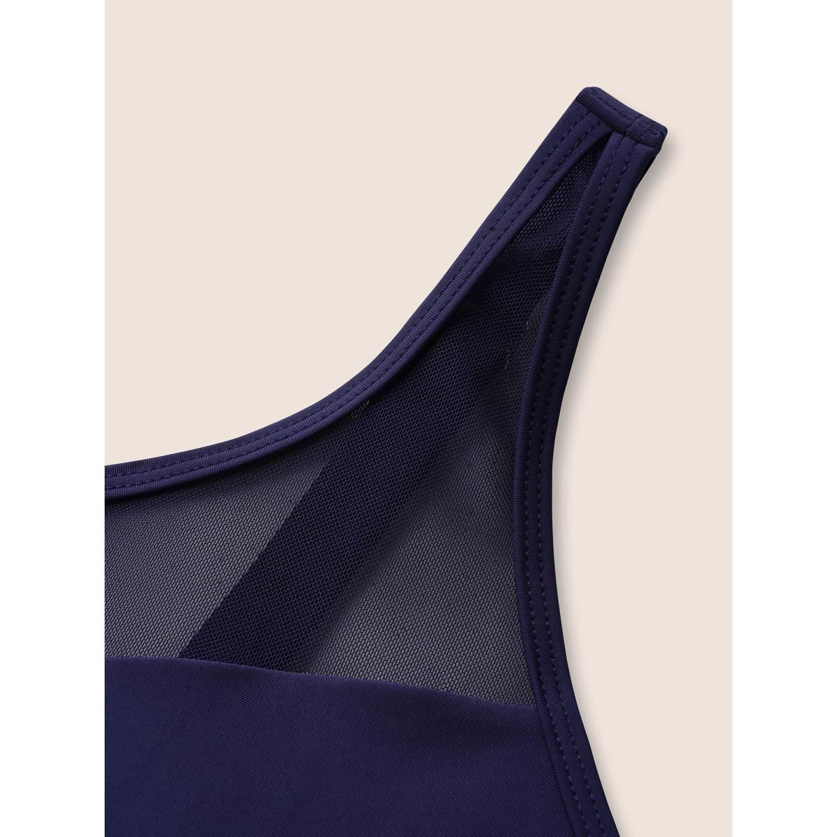 Plus Size Solid Mesh Patchwork Laser Cut Swim Dress Women's Swimwear Indigo Beach Bodycon Round Neck High stretch Curve Swim Dresses BloomChic 10/M Product Image