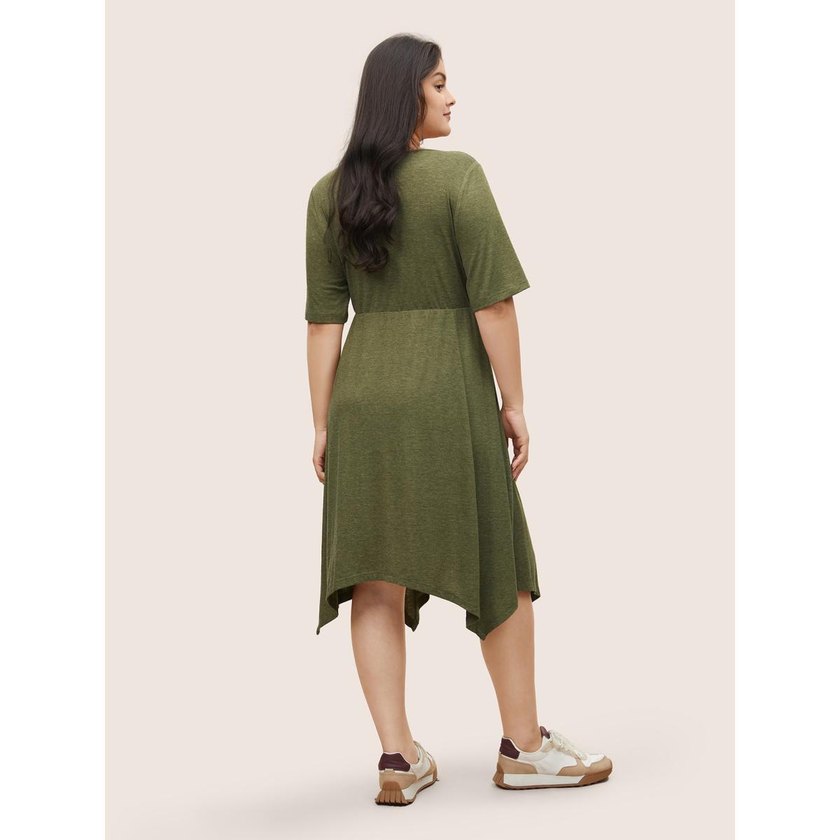 Plus Size Supersoft Essentials Solid Hanky Hem Dress Sage Women Casual Non Round Neck Short sleeve Curvy Midi Dress BloomChic 18-20/2X Product Image