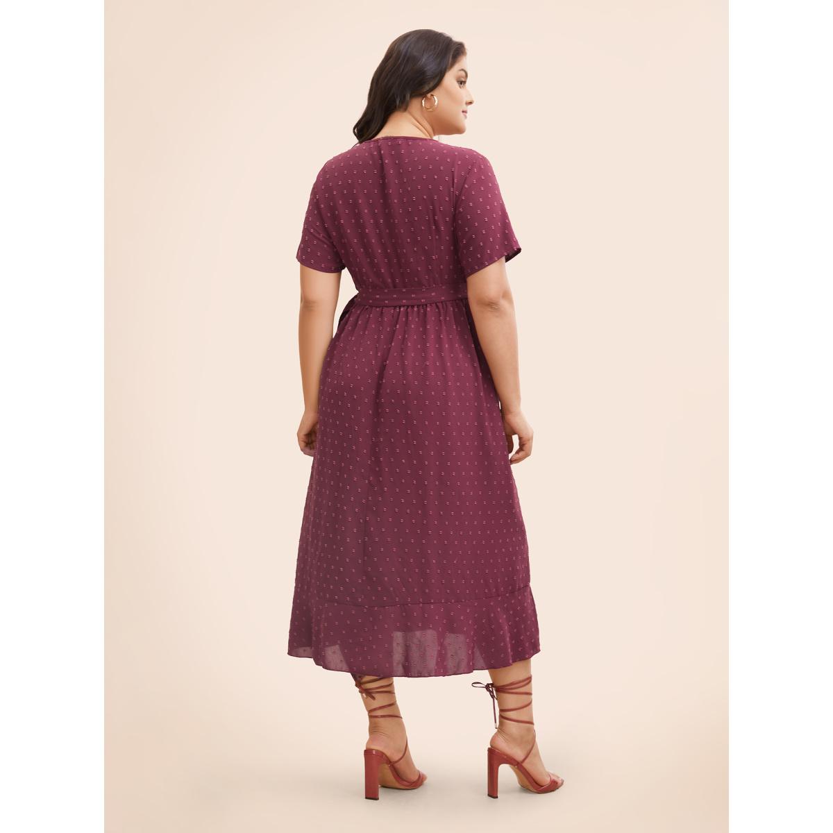 Plus Size Plain Overlap Collar Ruffle Trim Tie Knot Dress Burgundy Women Elegant Tie knot Overlap Collar Short sleeve Curvy BloomChic 30/6X Product Image
