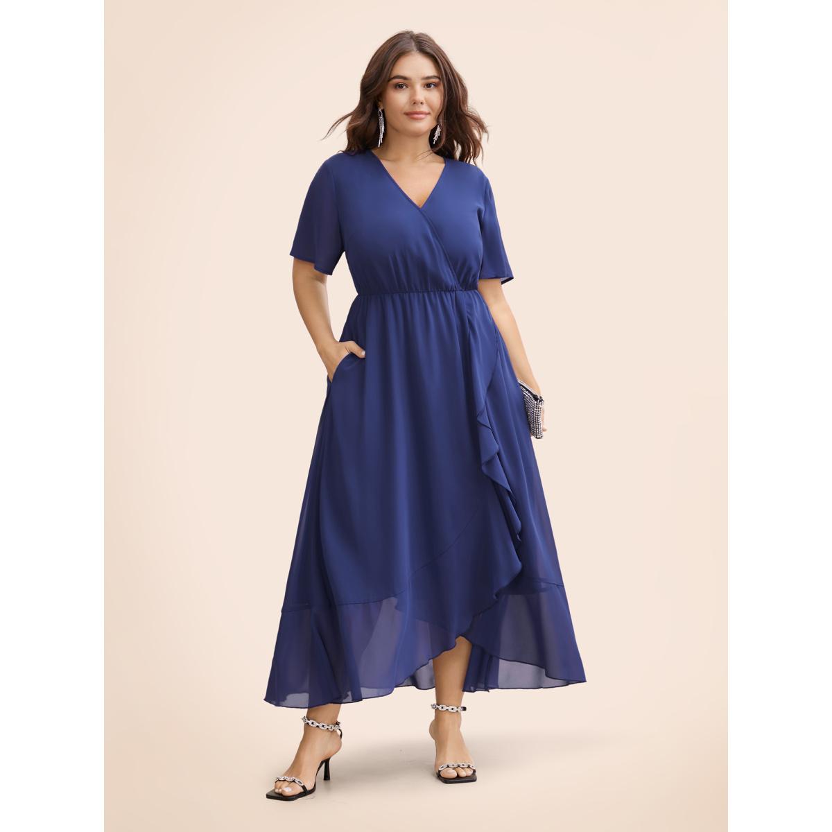 Plus Size Chiffon Overlap Collar Ruffle Sleeve Dress DarkBlue Women Formal See through Overlap Collar Short sleeve Curvy BloomChic 22-24/3X Product Image