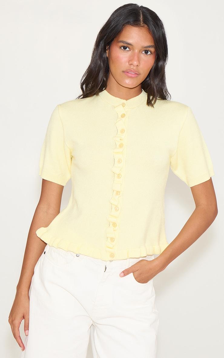 Yellow Knit Ruffle Detail Short Sleeve Cardigan Product Image