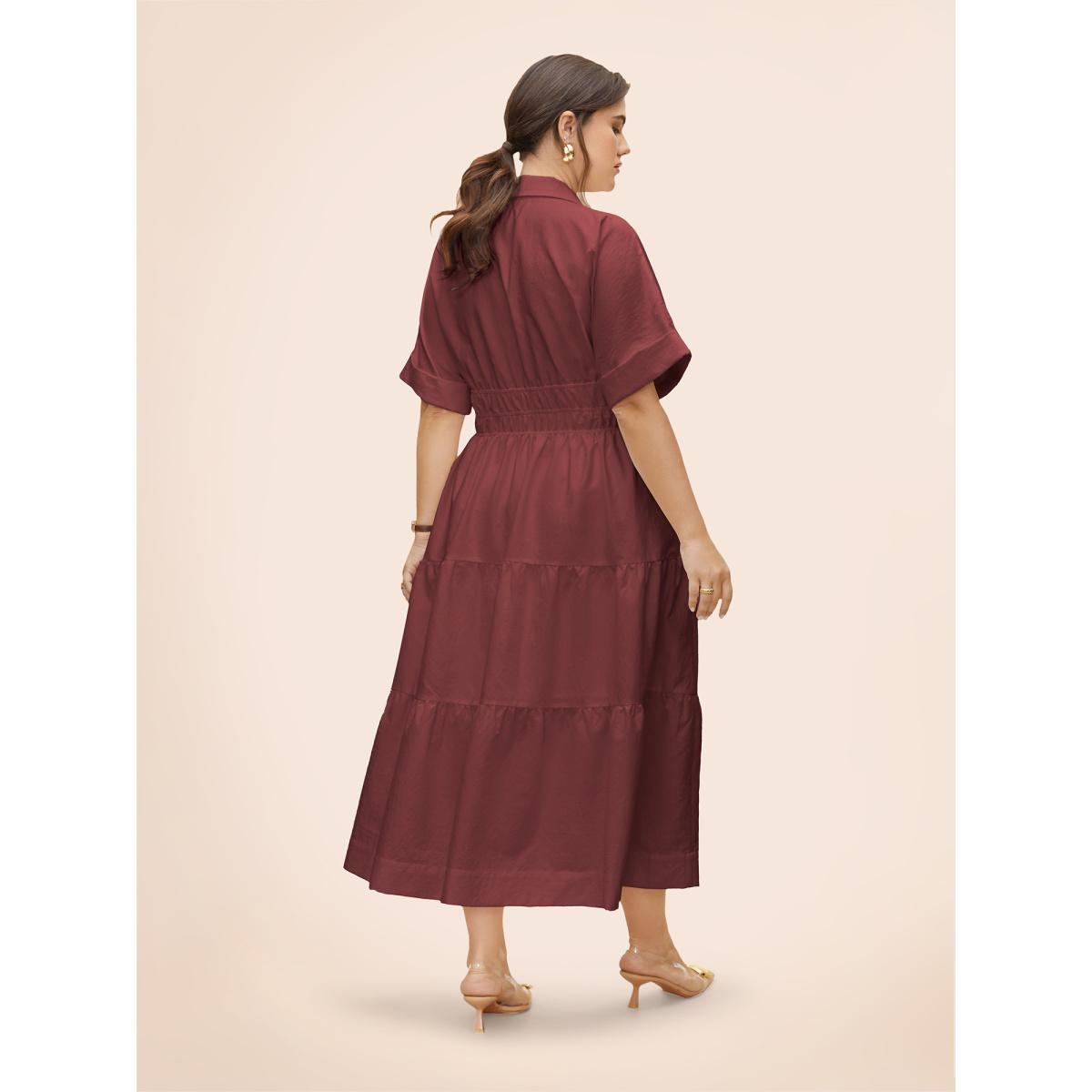 Plus Size Midfield Tiered Midi Shirt Dress Burgundy Women At the Office Gathered Shirt collar Short sleeve Curvy BloomChic 30/6X Product Image