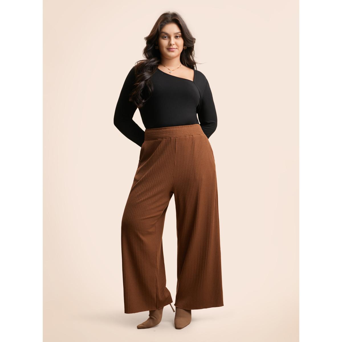 Plus Size Textured Mid Rise Wide Leg Pants Women Yellowishbrown Casual Wide Leg Mid Rise Everyday Pants BloomChic 10/M Product Image