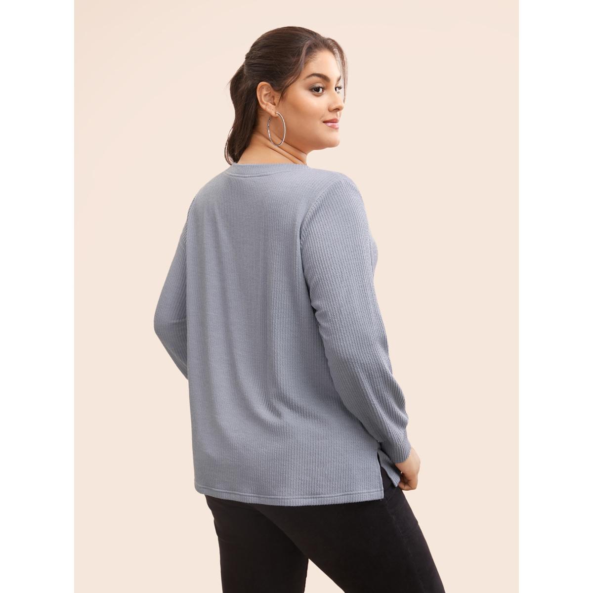 Plus Size Plain Textured Split Hem T-shirt Mediumgray Women Casual Texture V-neck Everyday T-shirts BloomChic 26/4X Product Image