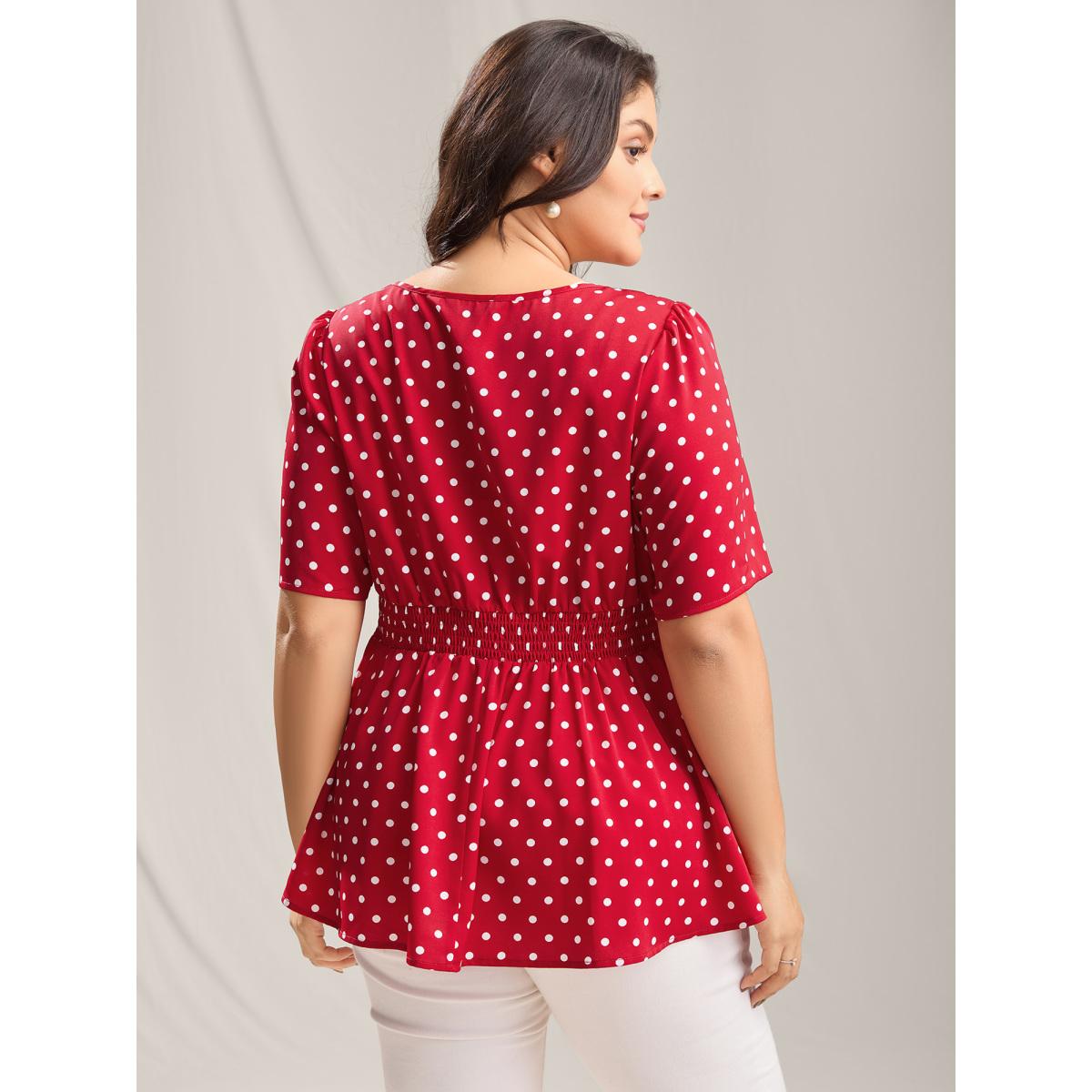 Plus Size Brightred Polka Dots Shirred Waist Blouse Women Timeless Short sleeve V-neck Elegant Blouses BloomChic 22-24/3X Product Image