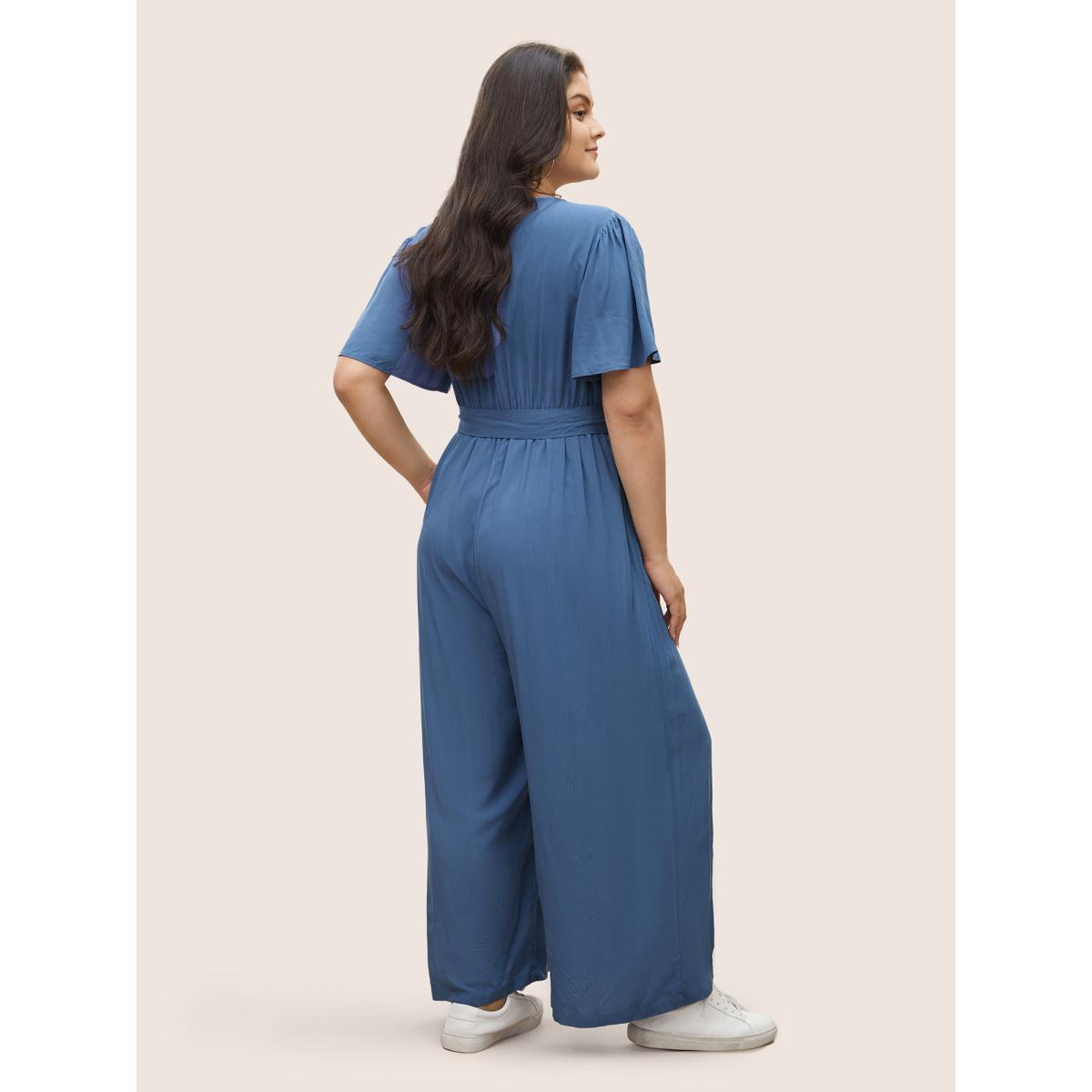 Plus Size Stone Supersoft Essentials Plain Flutter Sleeve Belted Jumpsuit Women Casual Short sleeve V-neck Everyday Loose Jumpsuits BloomChic 14-16/1X Product Image