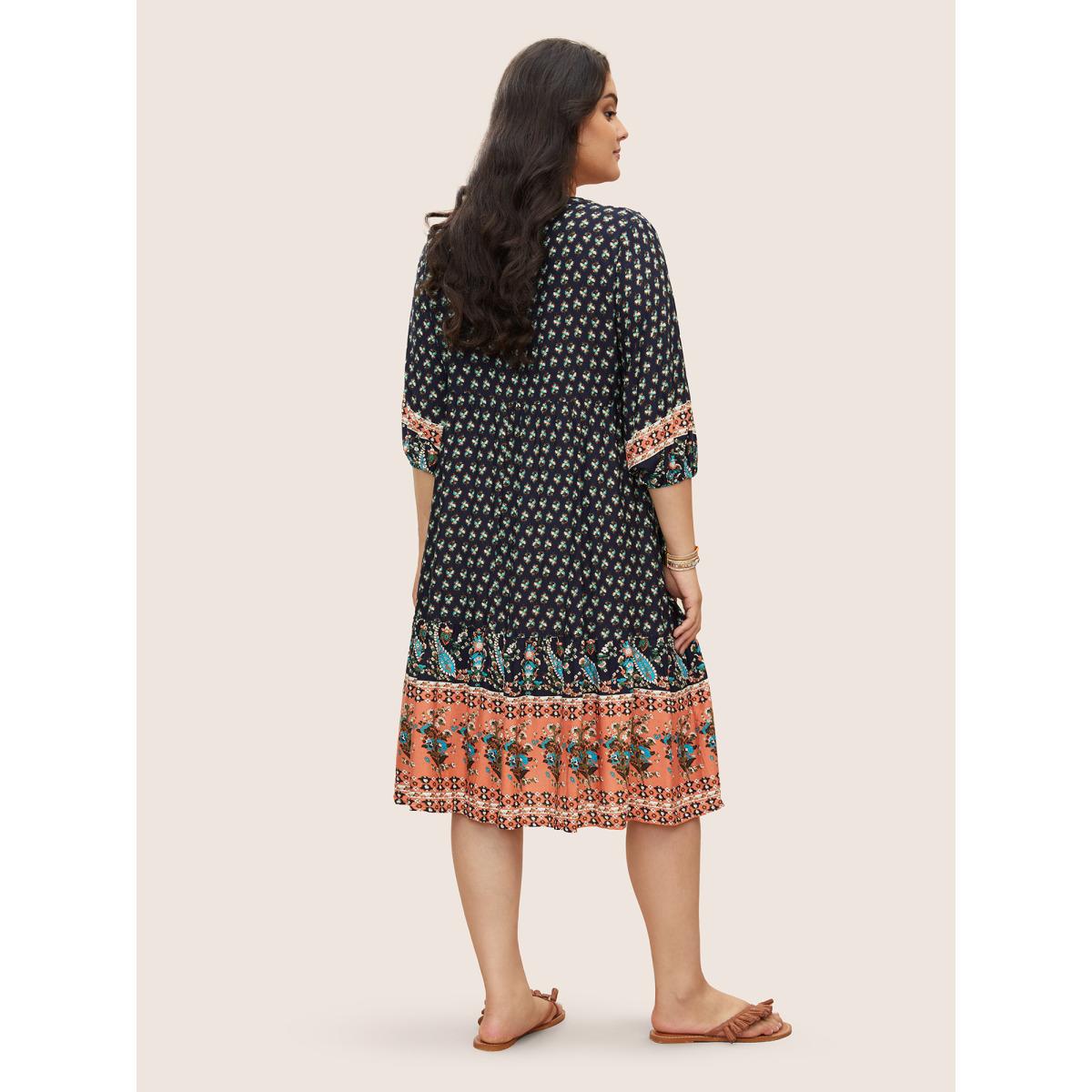 Plus Size Bandana Tassels Lantern Sleeve Ruffle Pocket Keyhole Neck Dress Indigo Women Resort V-neck Elbow-length sleeve Curvy Midi Dress BloomChic 14-16/1X Product Image