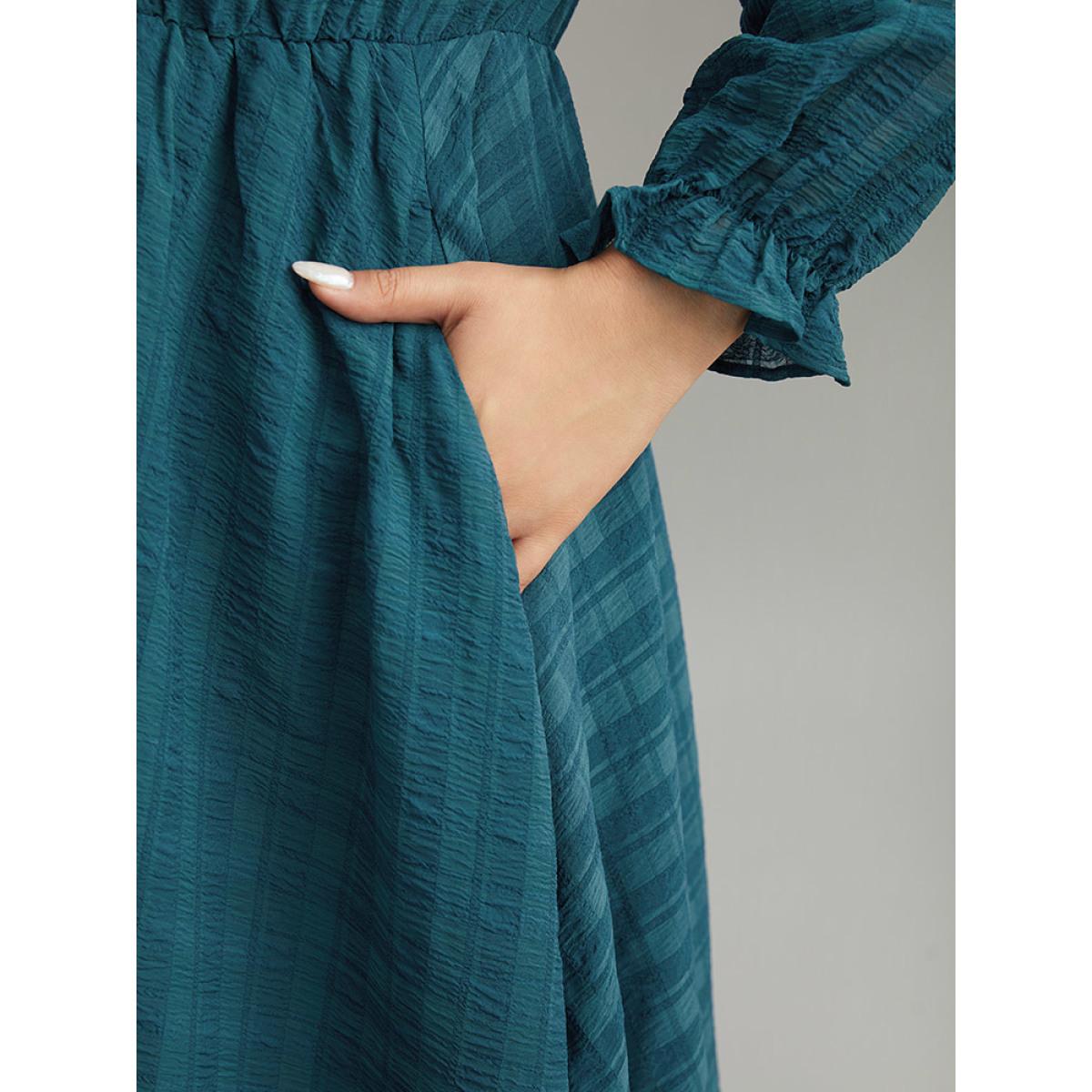 Plus Size Plaid Wrap Elastic Waist Gathered Ruffles Dress Cyan Women Casual Plain V-neck Long Sleeve Curvy Midi Dress BloomChic 10/M Product Image