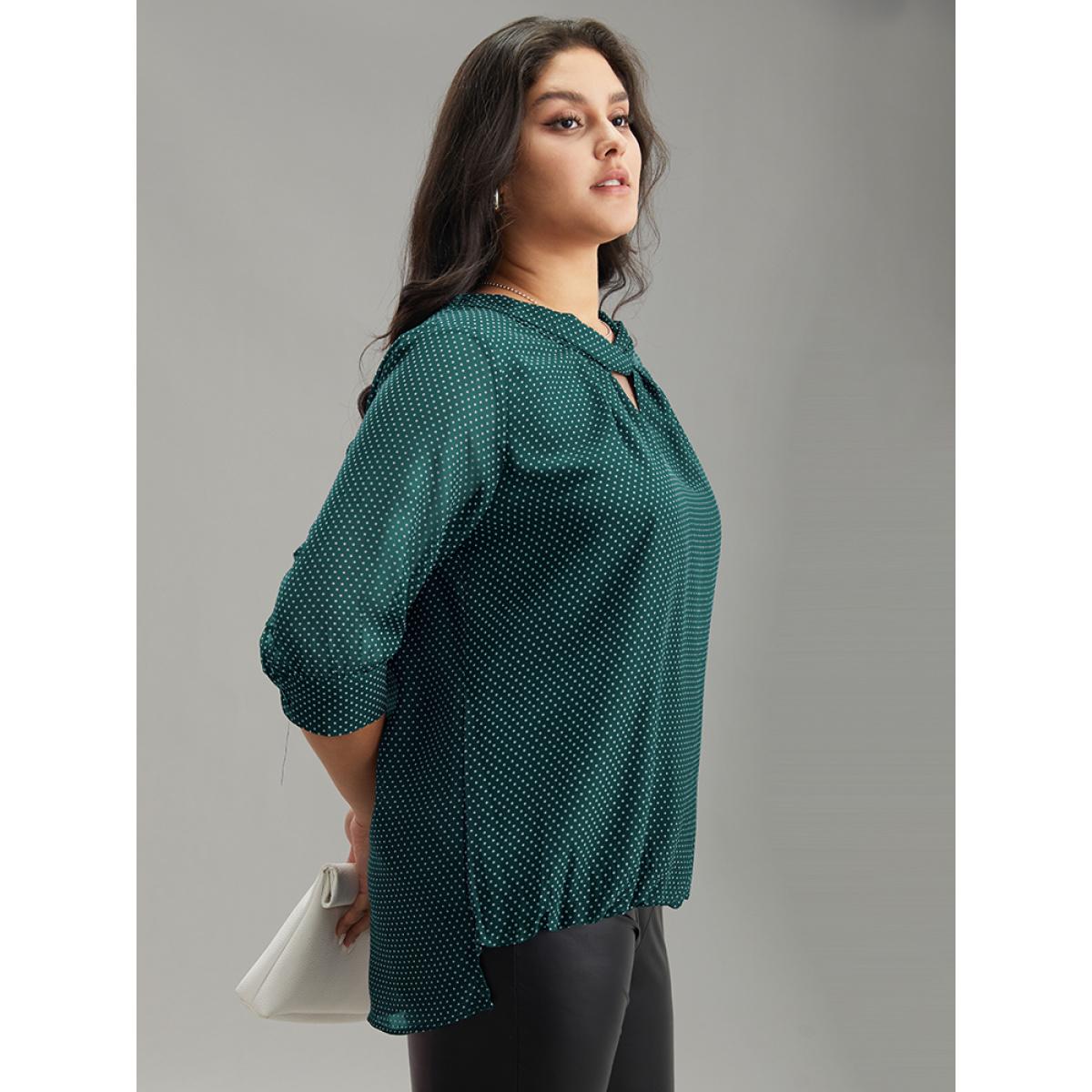 Plus Size DarkGreen Chiffon Polka Dot Mesh Keyhole Twist Front Blouse Women Office Elbow-length sleeve Round Neck Work Blouses BloomChic 14-16/1X Product Image