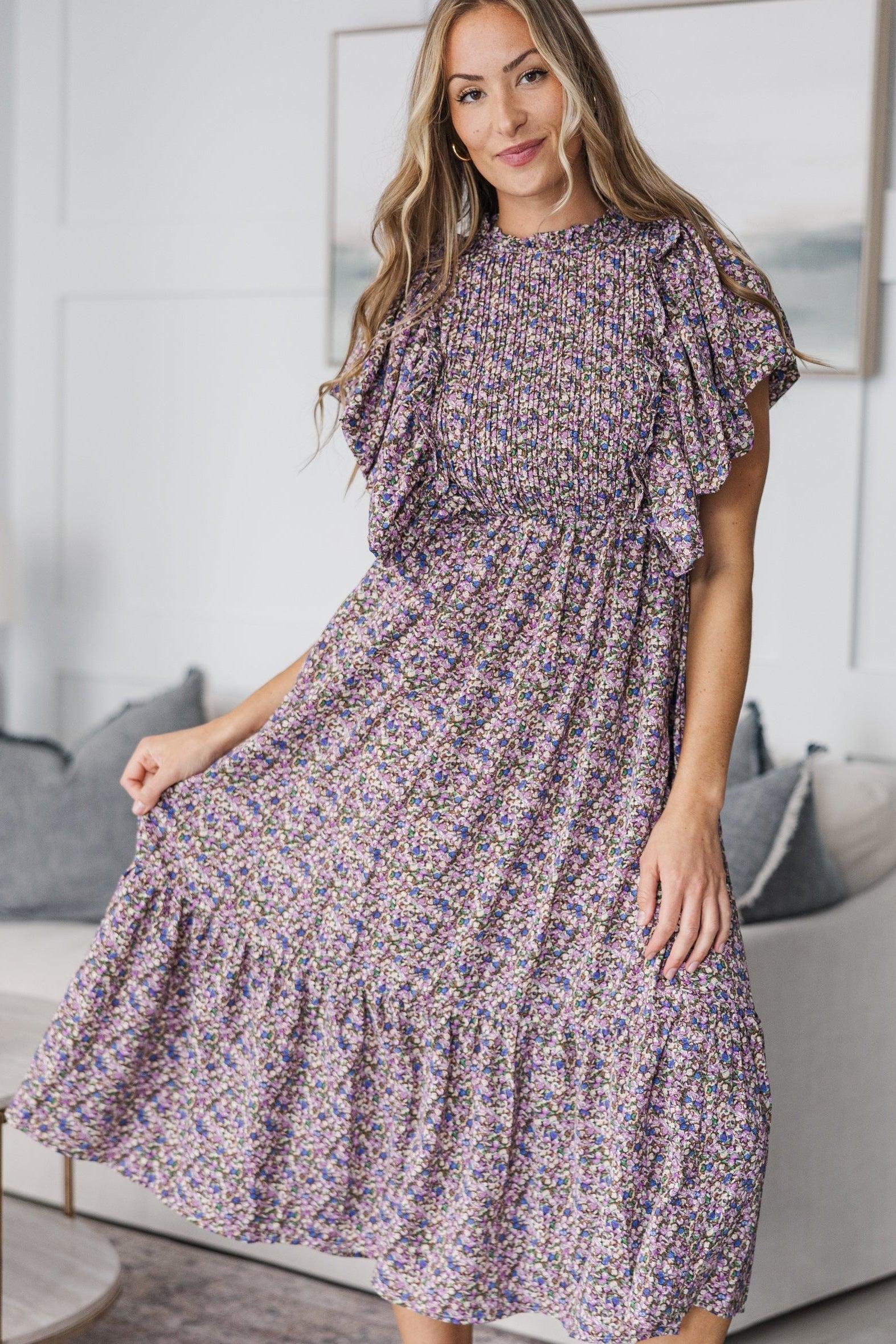 NURSING COLLECTION: All The Good Plum Ditsy Floral Ruffled Midi Dress Female Product Image