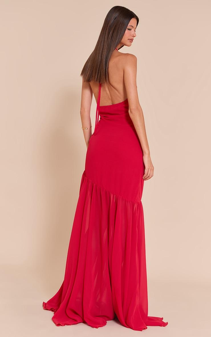  Red Chiffon Halterneck Dropped Waist Maxi Dress Product Image