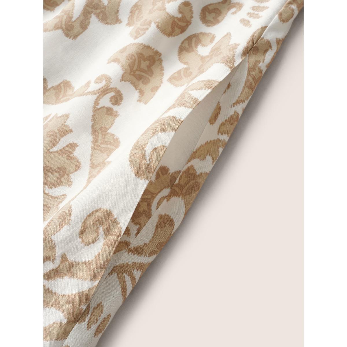 Plus Size Boho Print Tie Knot Lantern Sleeve Dress Tan Women Resort Tie knot V-neck Elbow-length sleeve Curvy BloomChic 22-24/3X Product Image