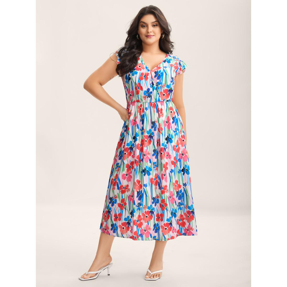 Plus Size Rayon Floral Print Surplice Pockets Midi Dress Multicolor Women Overlap Collar Cap Sleeve Curvy BloomChic 30/6X Product Image