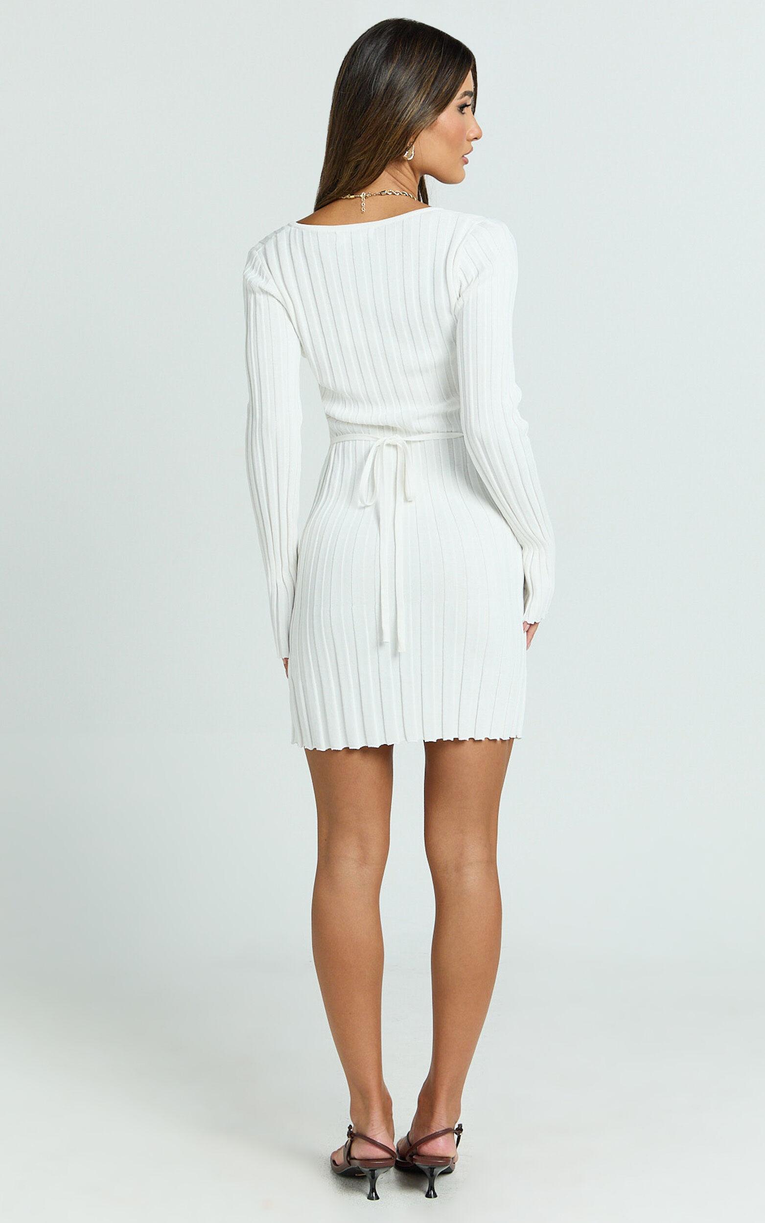 Carissa Mini Dress - V Neck Long Sleeve Knit Dress in White Product Image