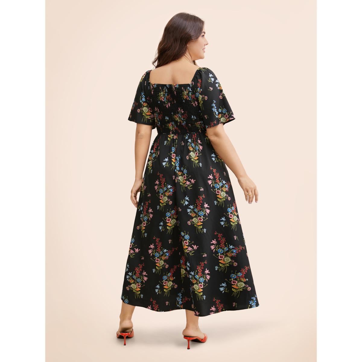 Plus Size Ditsy Floral Shirred Split Hem Dress Black Women Elegant Frill Trim Square Neck Short sleeve Curvy BloomChic 12/L Product Image