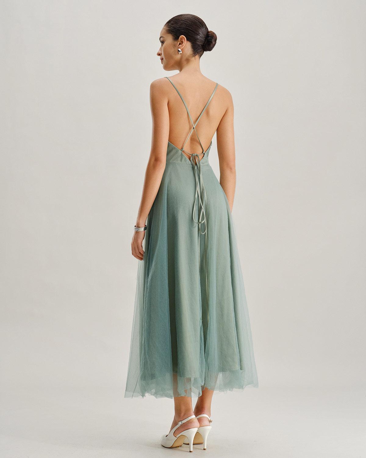 Green Mesh Flowy Slip Midi Dress Product Image