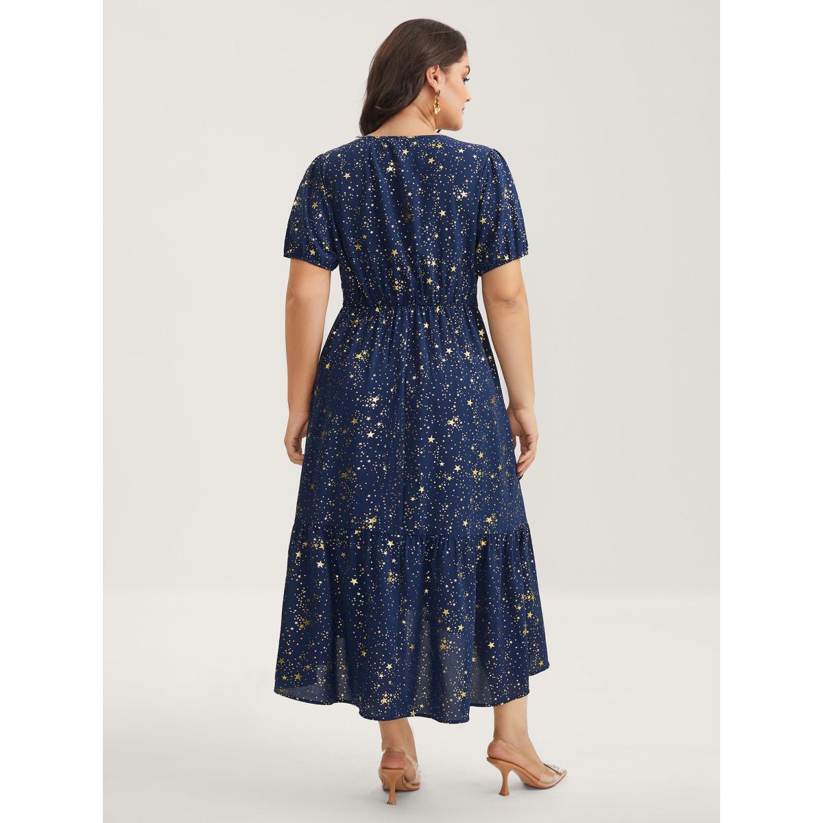 Plus Size Starry Sequins Ruffled Hem Midi Dress Navy Women Party&Cocktail V-neck Short sleeve Curvy BloomChic 30/6X Product Image