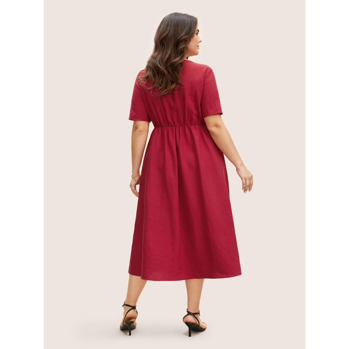 Plus Size Solid Square Neck Button Detail Midi Dress Scarlet Women Elegant Gathered Square Neck Short sleeve Curvy BloomChic 18-20/2X Product Image