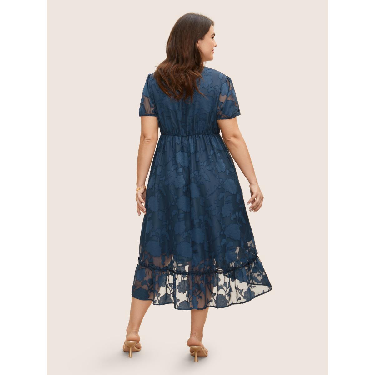 Plus Size Textured Mesh Puff Sleeve Button Detail Dress DarkBlue Women Elegant Texture V-neck Short sleeve Curvy BloomChic 14-16/1X Product Image
