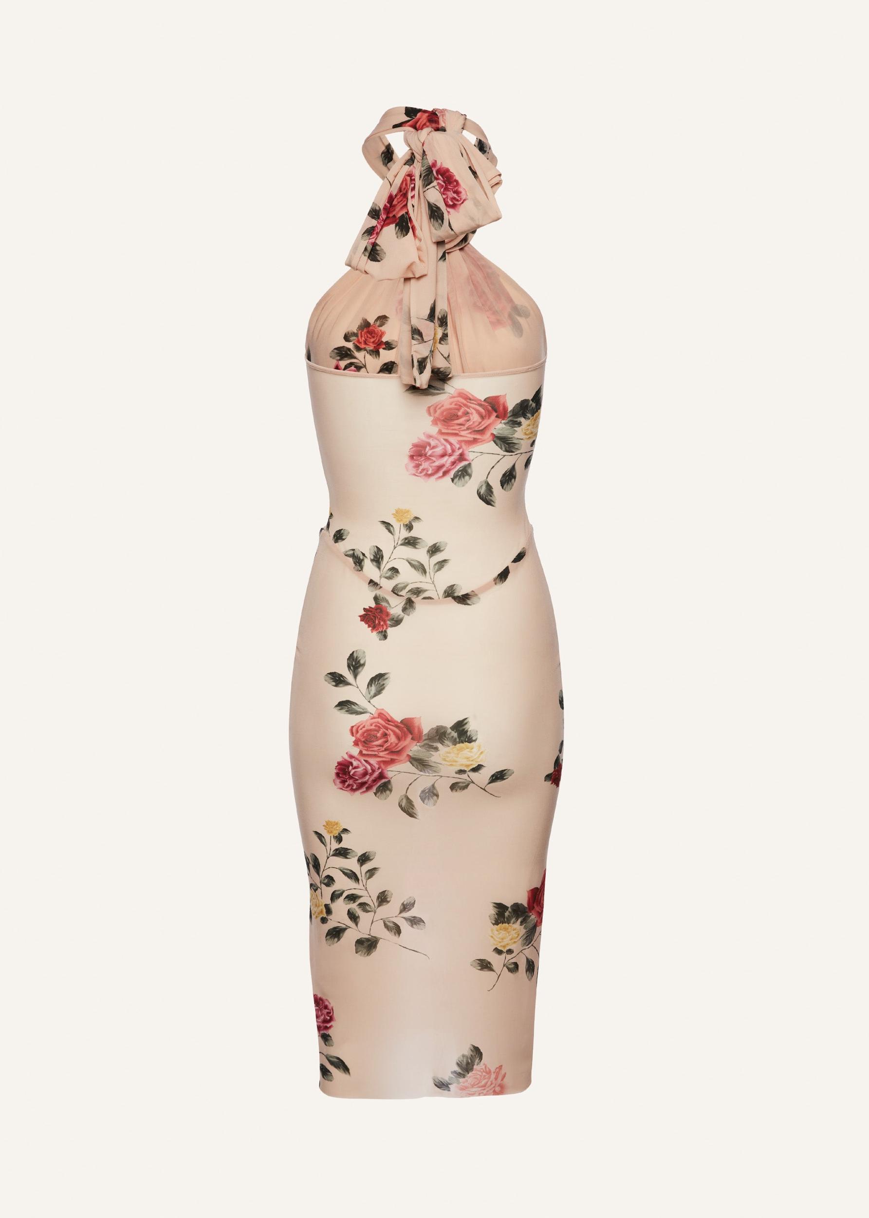Sheer halter bustier midi dress in beige print Product Image