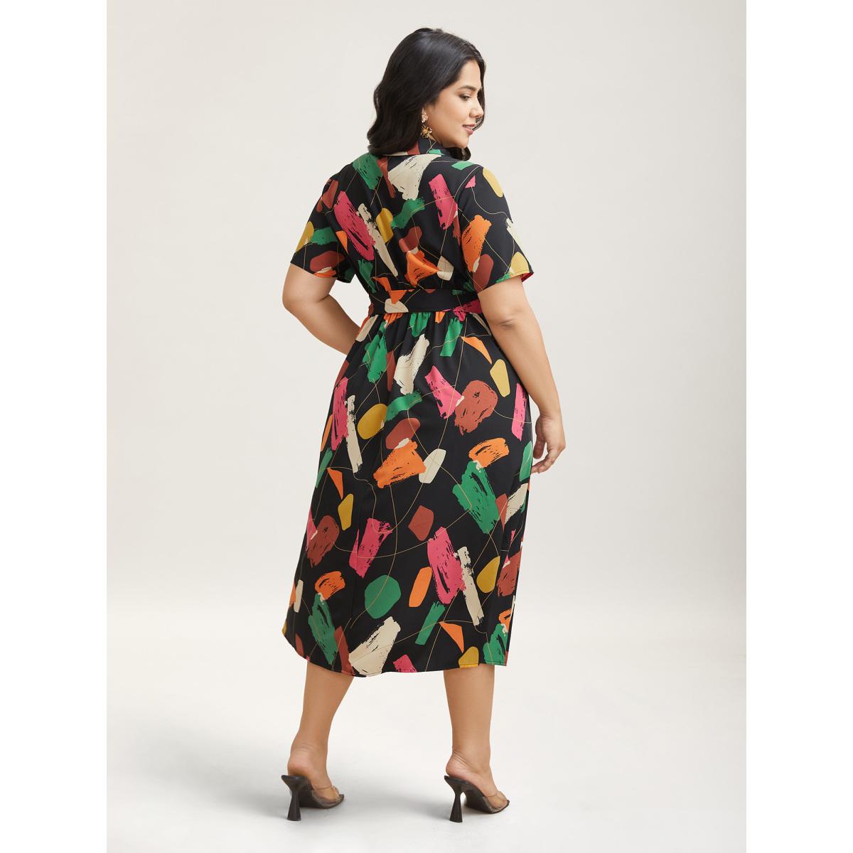 Plus Size Color Brush Print Stretchy Waist Midi Dress BlackFlower Women Elegant Belted Shirt collar Short sleeve Curvy BloomChic 18-20/2X Product Image