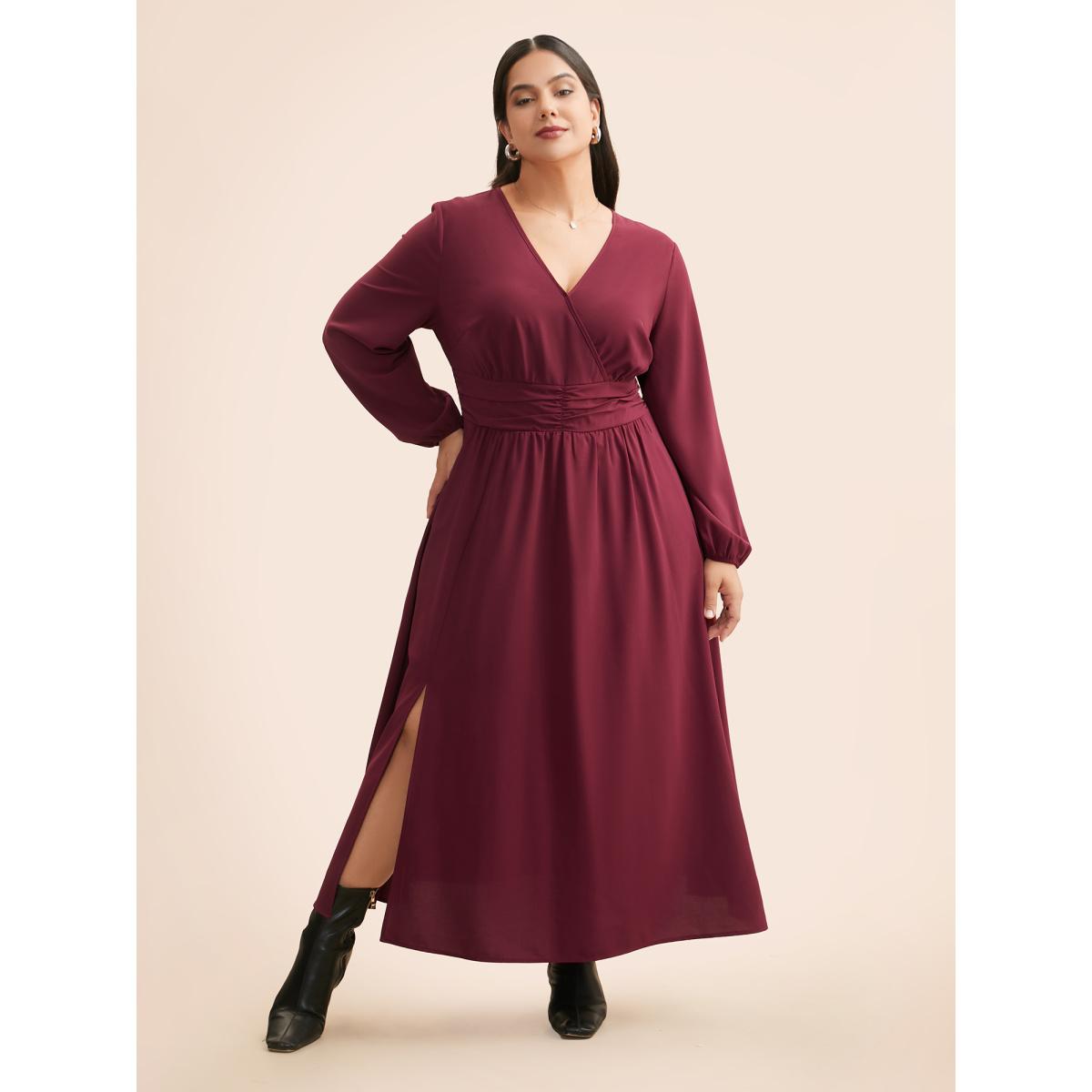 Plus Size Overlap Collar Ruched Lantern Sleeve Maxi Dress Burgundy Women Elegant Gathered Overlap Collar Long Sleeve Curvy BloomChic 18-20/2X Product Image