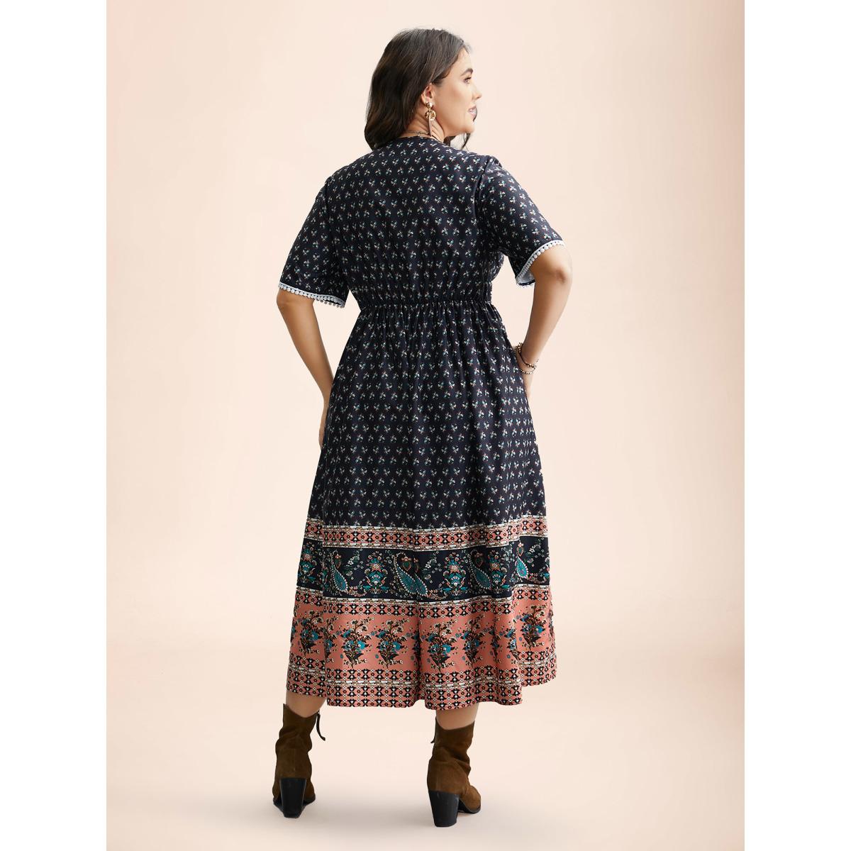 Plus Size Boho Print Tassel-Tie Pockets Midi Dress DarkBlue Women Resort Woven ribbon&lace trim V-neck Short sleeve Curvy BloomChic 18-20/2X Product Image
