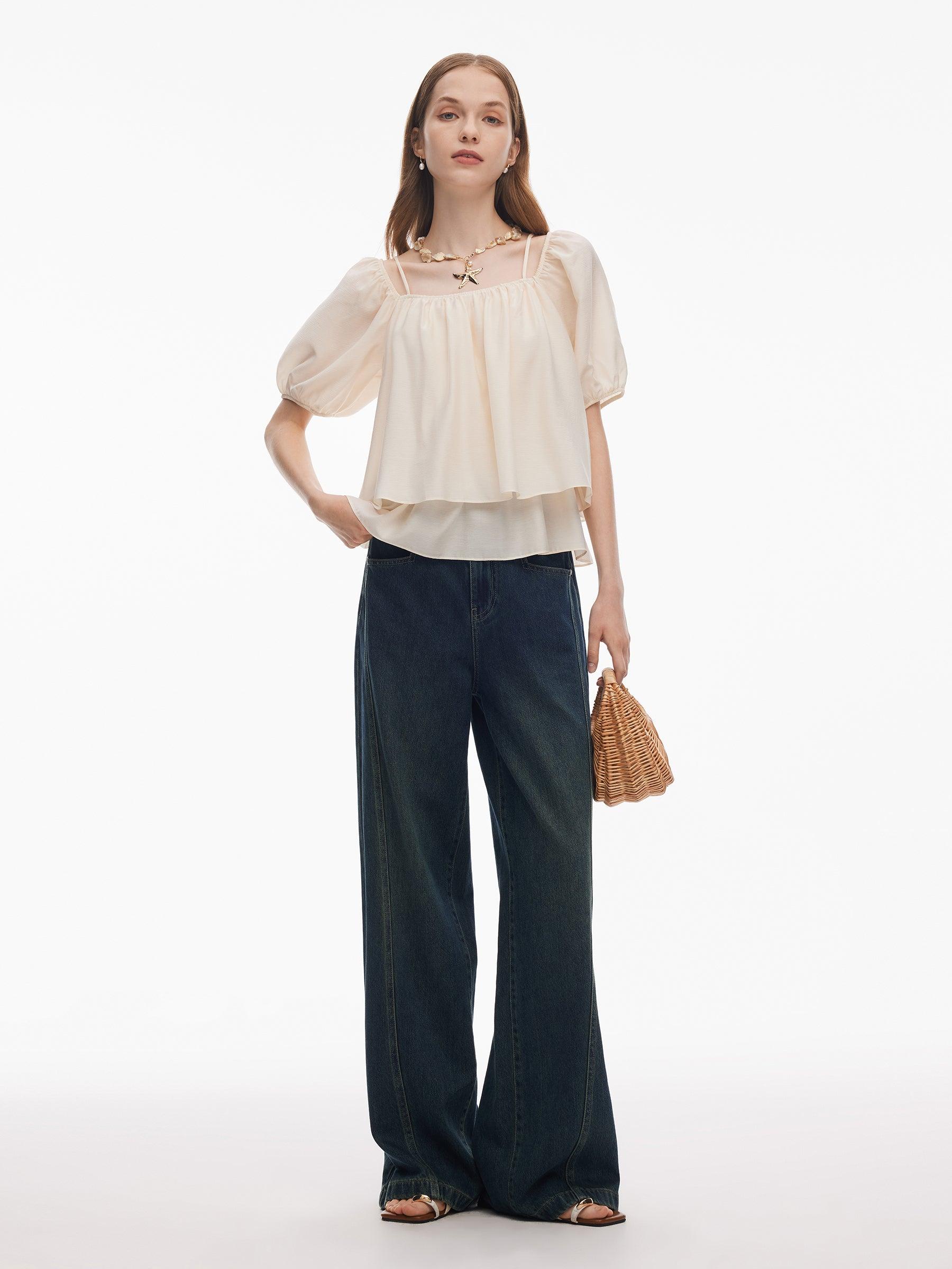 Acetate Blend Convertible Neckline Women Ruffle Hem Top Product Image