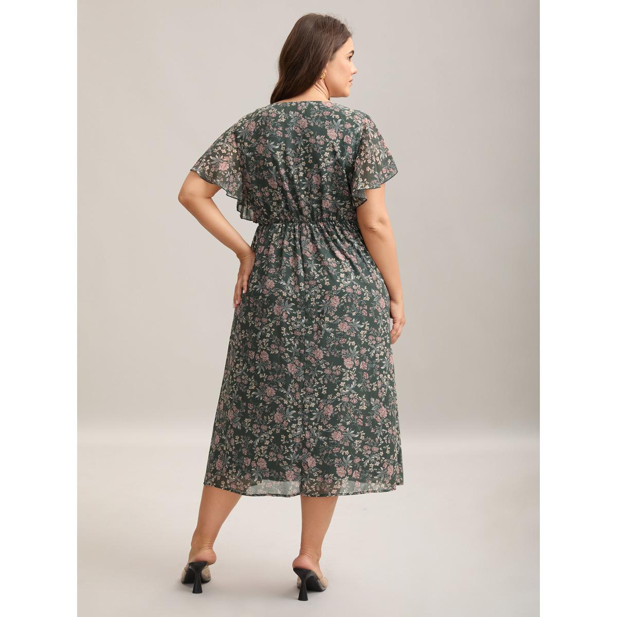 Plus Size Chiffon Floral Print Ruffled Midi Dress Greenbean Women Romantic Ruffles Round Neck Short sleeve Curvy BloomChic 18-20/2X Product Image
