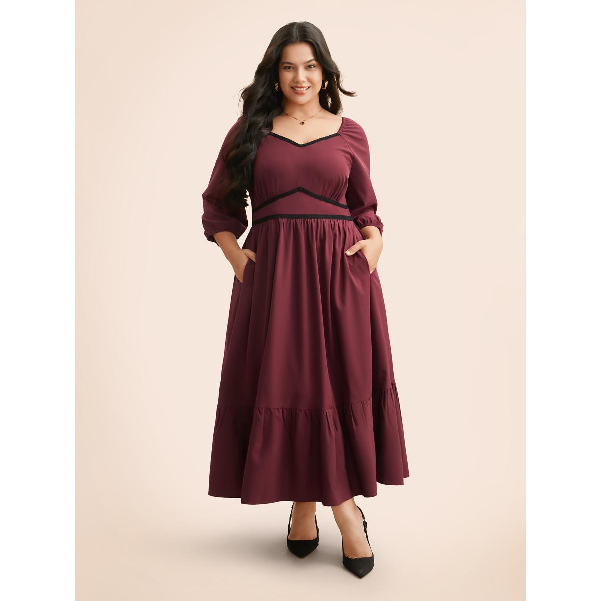 Plus Size Heart Neckline Woven Ribbon Midi Dress Burgundy Women Elegant Woven ribbon&lace trim Heart neckline Elbow-length sleeve Curvy BloomChic 22-24/3X Product Image
