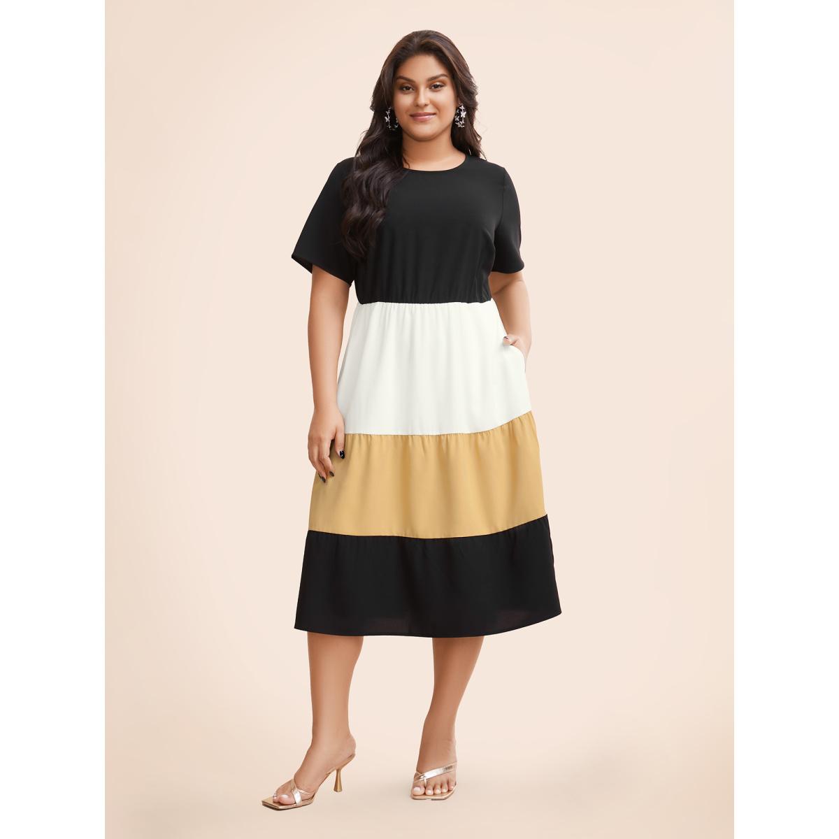 Plus Size Contrast Belted Pocket Layered Hem Dolman Sleeve Dress Black Women Elegant Belted Round Neck Cap Sleeve Curvy Midi Dress BloomChic 10/M Product Image