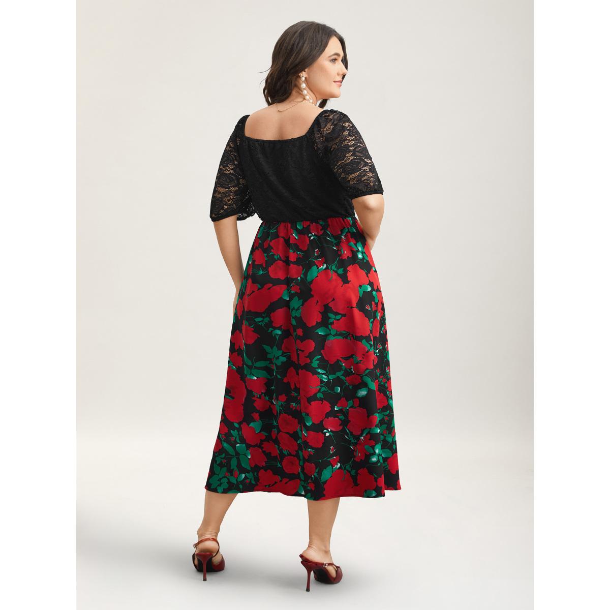 Plus Size Mix Print Sheer Lace Sleeve Maxi Dress Black Women Elegant Woven ribbon&lace trim Heart neckline Short sleeve Curvy BloomChic 28/5X Product Image