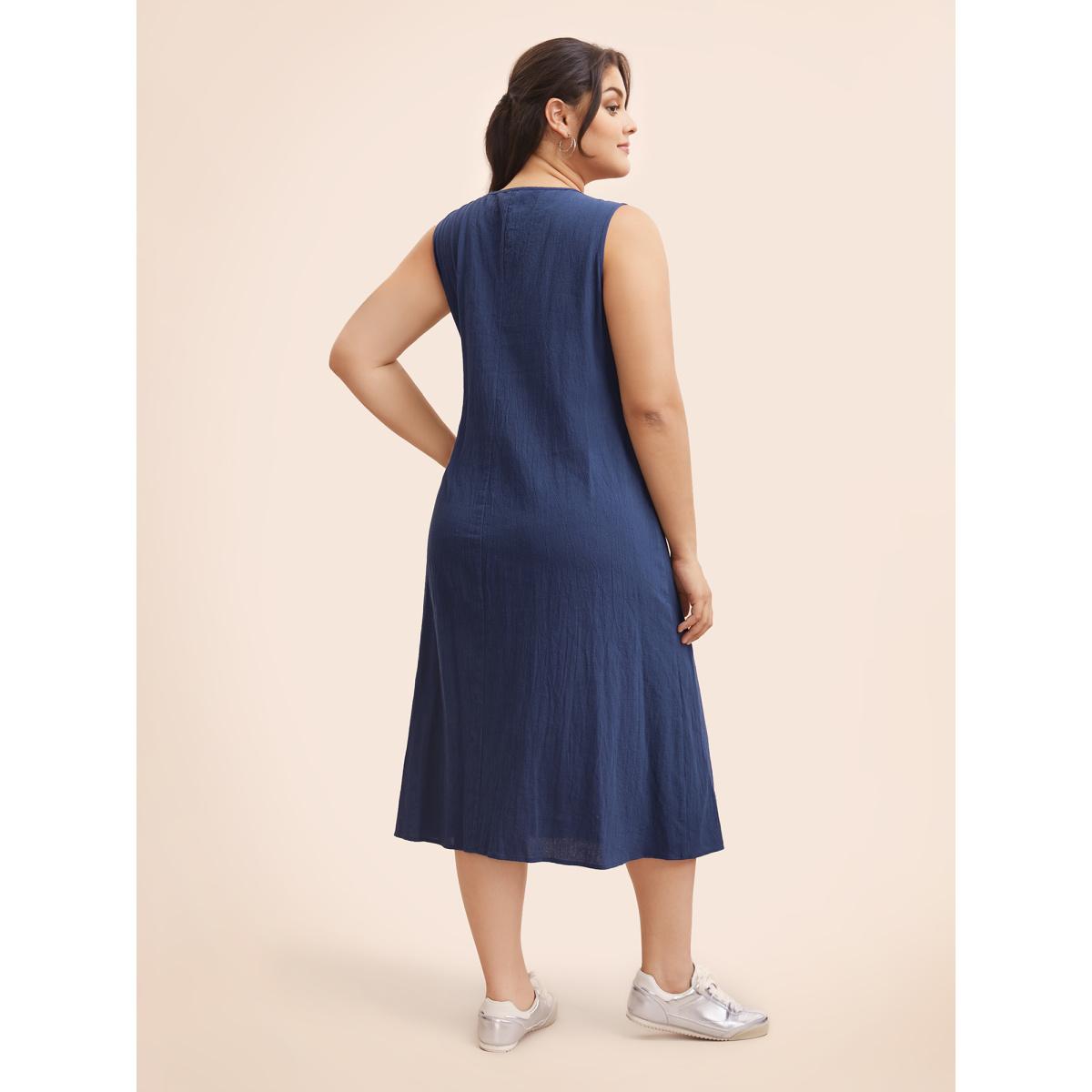 Plus Size Crew Neck Pleated Tank Dress Indigo Women Casual Pleated Round Neck Sleeveless Curvy BloomChic 18-20/2X Product Image