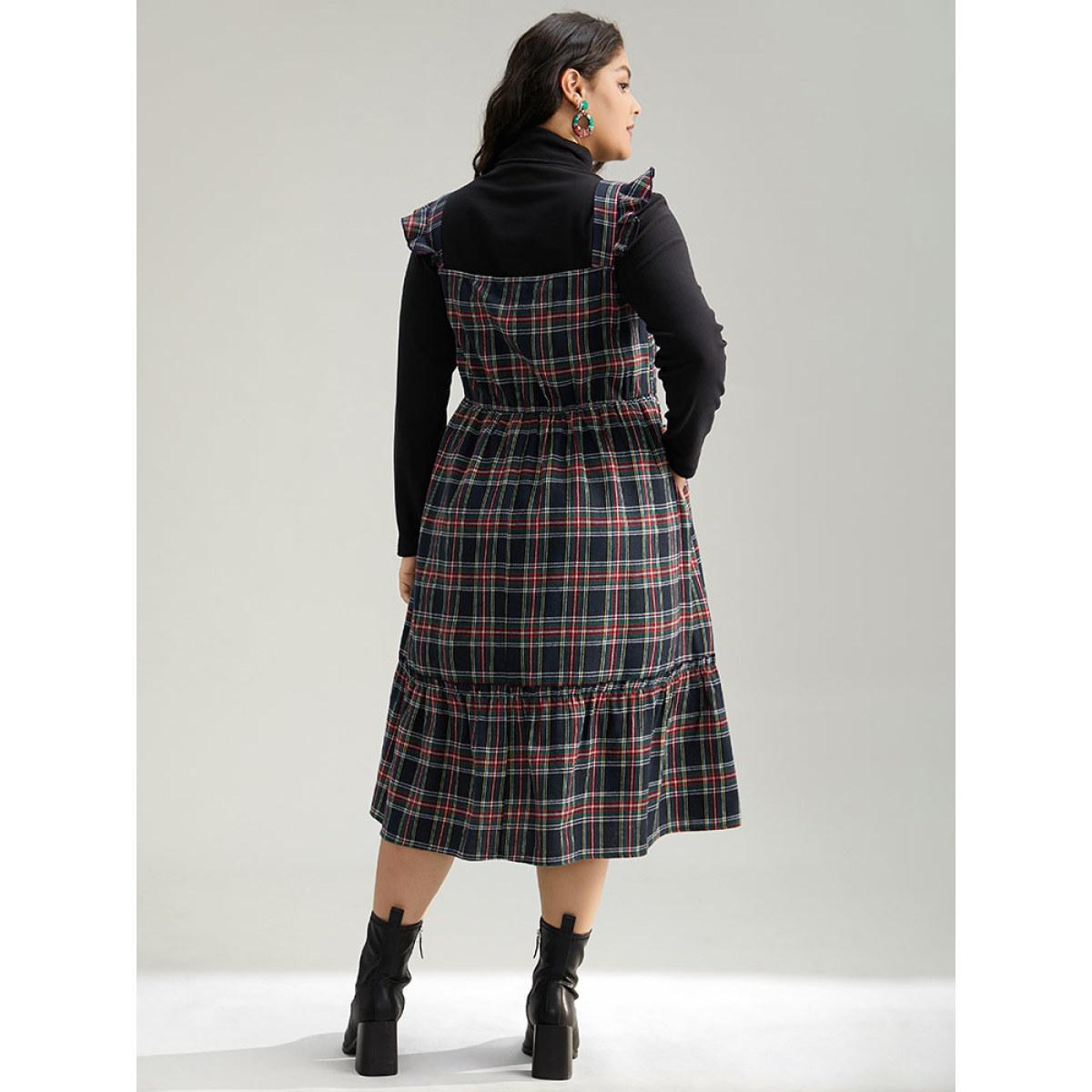 Plus Size Plaid Ruffle Trim Shirred Spaghetti Strap Dress Indigo Women Casual Printed Spaghetti Strap Sleeveless Curvy Midi Dress BloomChic 26/4X Product Image