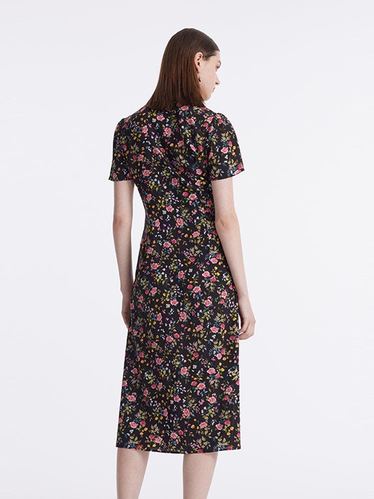 Mulberry Silk Slit Rose Print Women Qipao Midi Dress Product Image