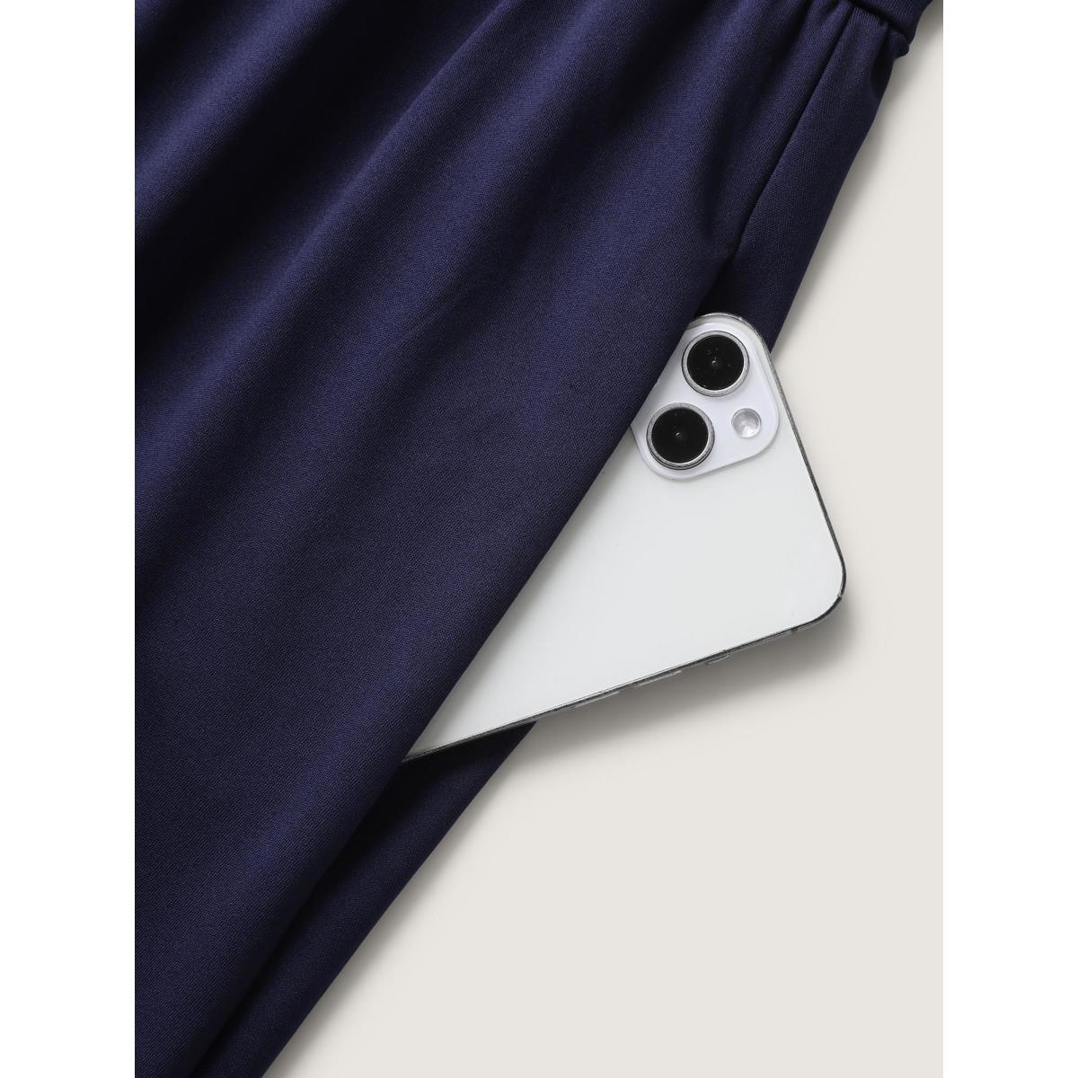 Plus Size Stretchy Waist Overlap Pockets Midi Dress Indigo Women Office V-neck Short sleeve Curvy BloomChic 14-16/1X Product Image