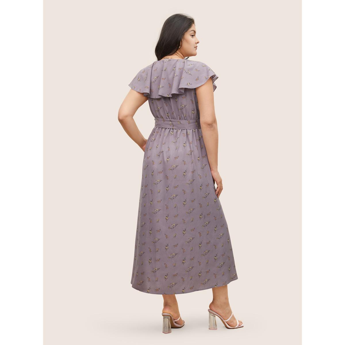 Plus Size Ditsy Floral Wrap Ruffle Cap Sleeve Split Hem Dress Mauve Women Elegant Non Overlap Collar Cap Sleeve Curvy Midi Dress BloomChic 28/5X Product Image