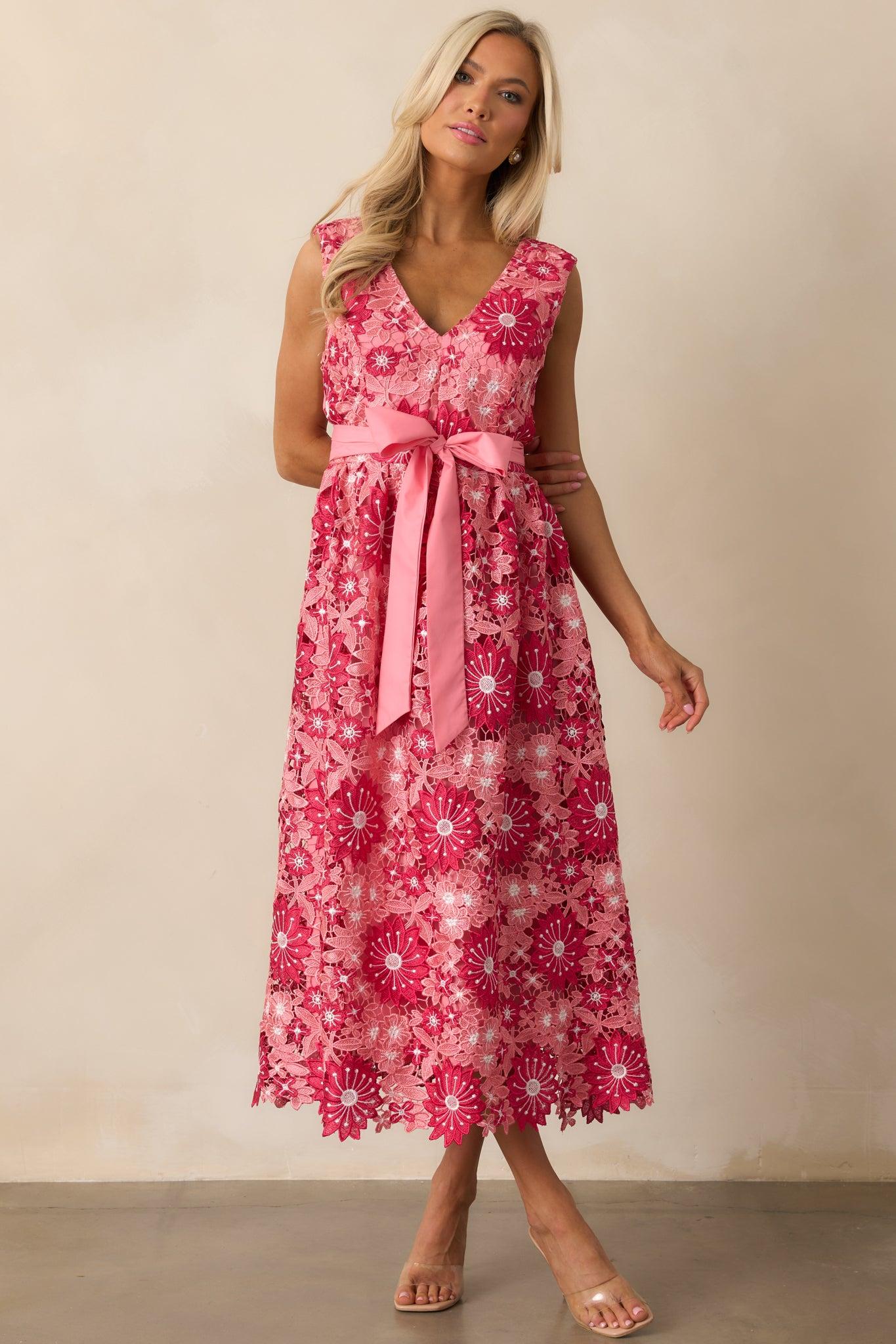 First Dance Pink Floral Embroidered Midi Dress Product Image
