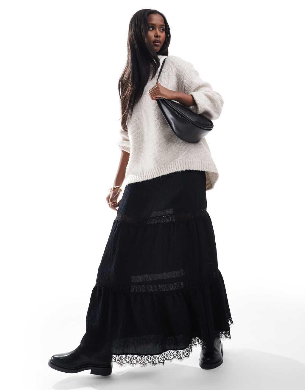 ASOS DESIGN tiered lace insert maxi skirt in black Product Image