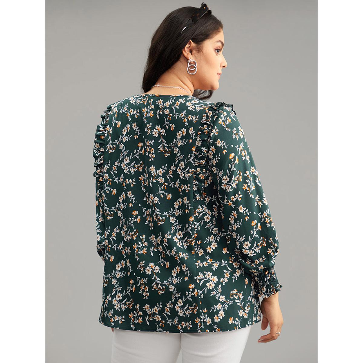 Plus Size DarkGreen Ditsy Floral Shirred Cuffs Frill Trim Blouse Women Elegant Long Sleeve Round Neck Dailywear Blouses BloomChic 26/4X Product Image