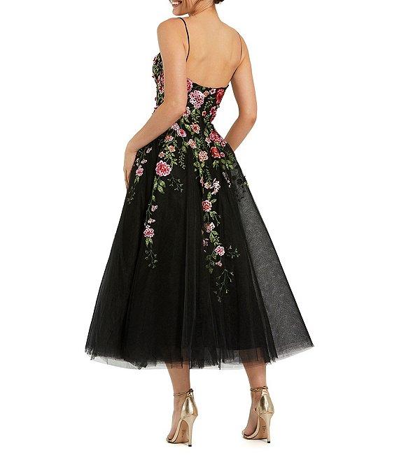 Mac Duggal Embroidered Mesh Floral Sweetheart Neck Sleeveless A-Line Midi Dress Product Image