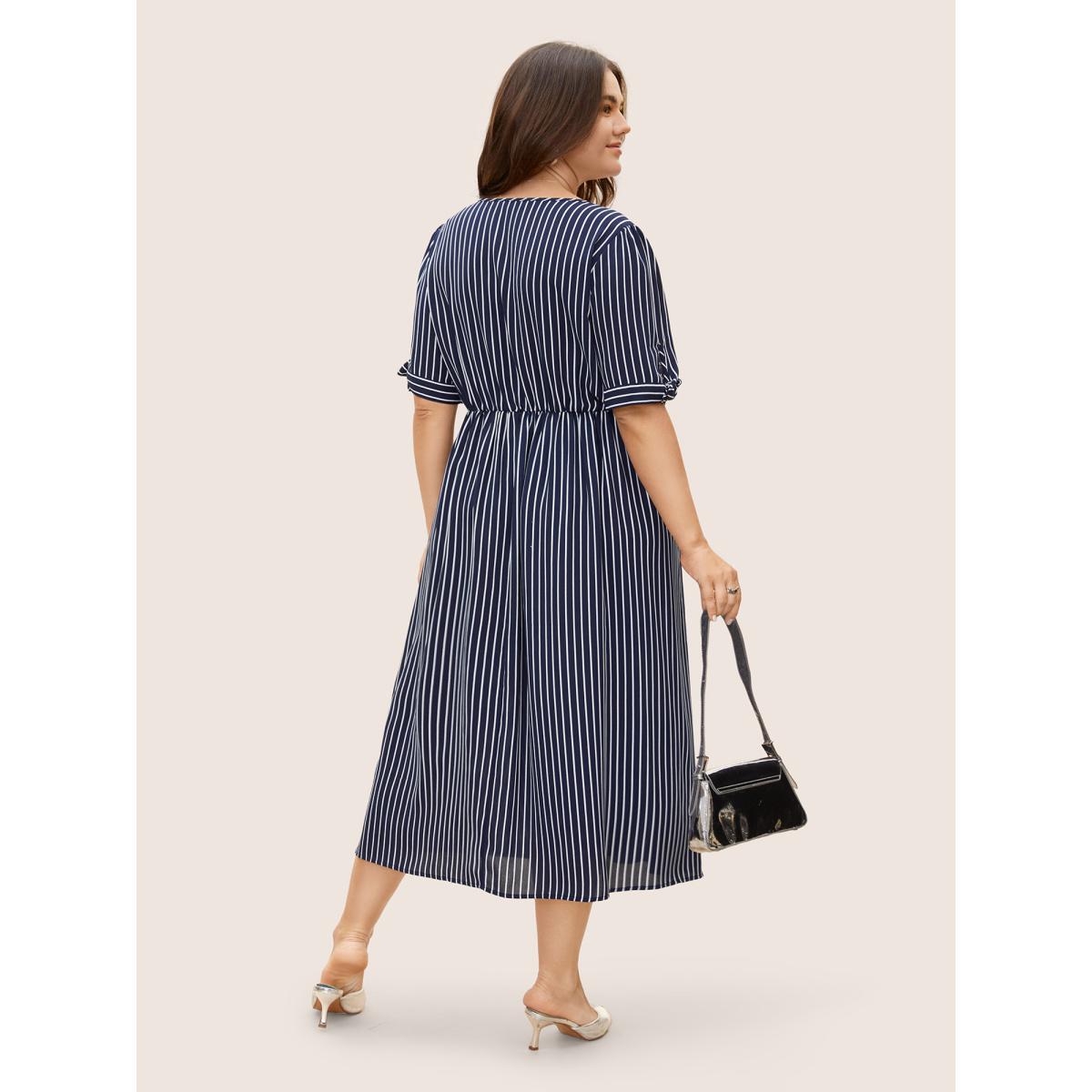 Plus Size Striped Knot Sleeve Button Detail Dress Midnight Women At the Office Tie knot V-neck Short sleeve Curvy BloomChic 26/4X Product Image