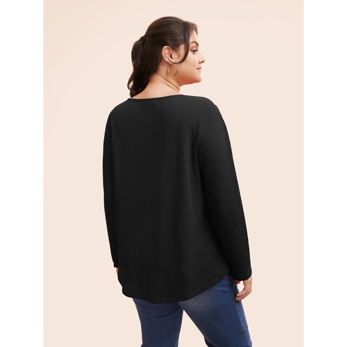 Plus Size Plain Waffle Knit Scoop Neck Plicated Detail T-shirt DarkGreen Women Leisure Non Plain V-neck Casual T-shirts BloomChic 18-20/2X Product Image