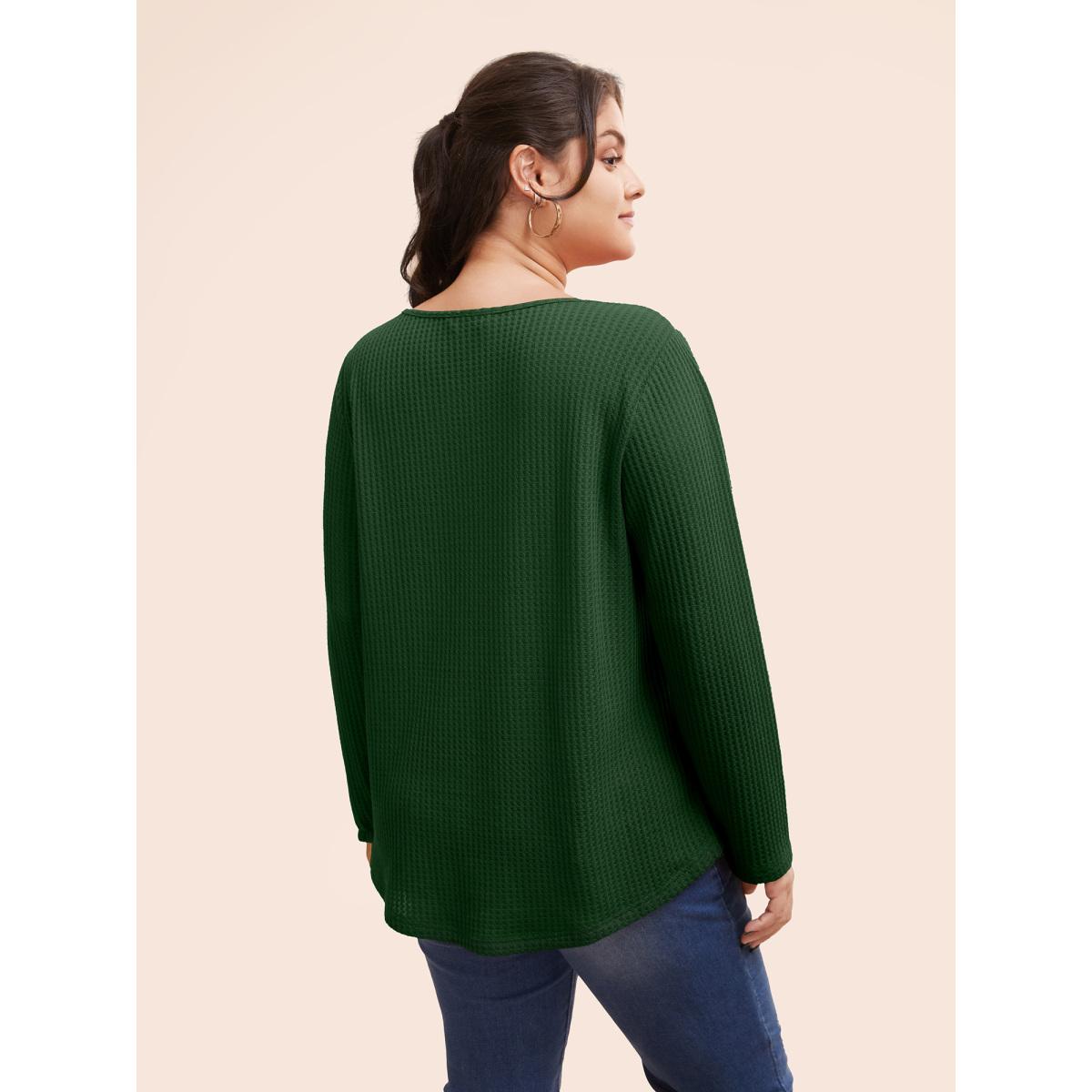 Plus Size Plain Waffle Knit Scoop Neck Plicated Detail T-shirt DarkGreen Women Leisure Non Plain V-neck Casual T-shirts BloomChic 18-20/2X Product Image