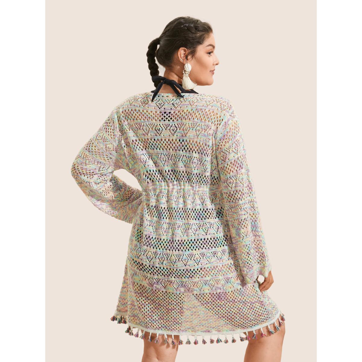 Plus Size Heather Cut Out Drawstring Tassel Trim Swim Cover Up Women's Swimwear Multicolor Beach Tie knot Curve Swim Cover Ups BloomChic 14-16/1X Product Image