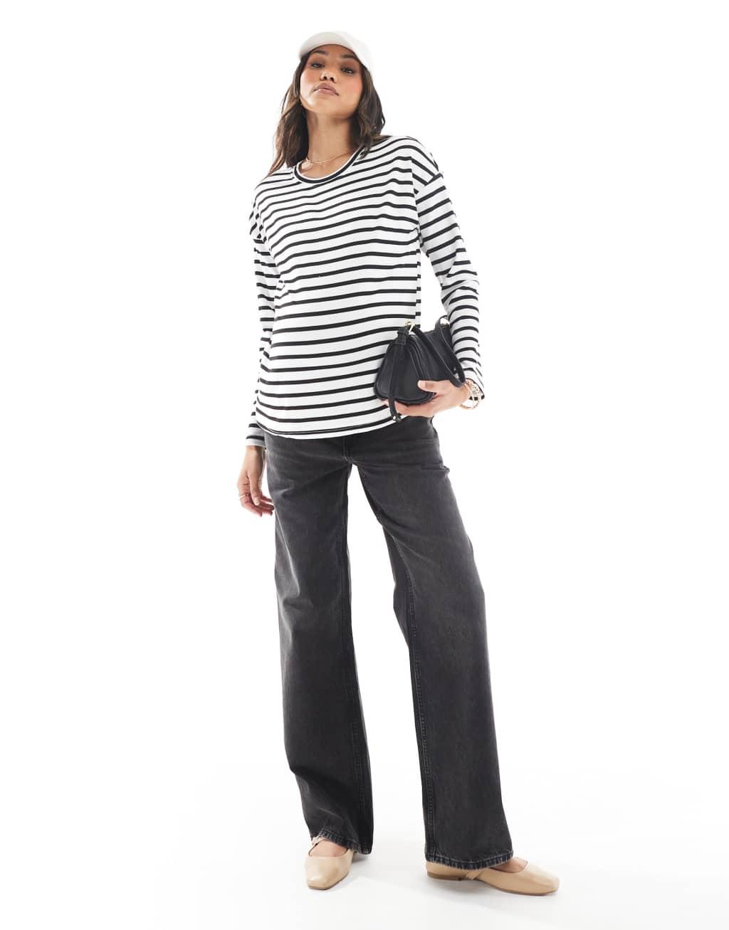 Mamalicious Maternity long sleeved waffle jersey top in mono stripe Product Image
