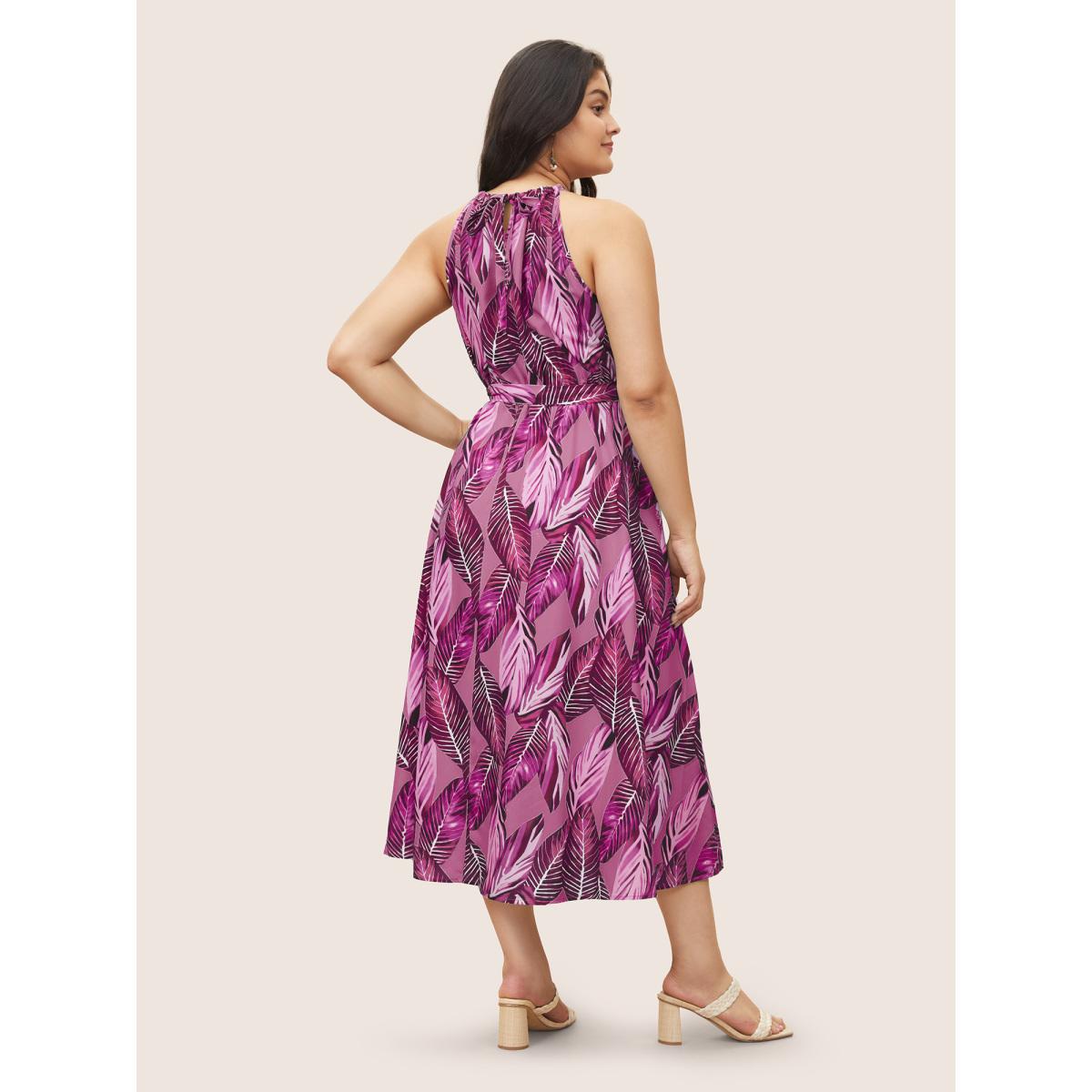 Plus Size Tropical Print Knotted Pocket Ruffles Belted Halter Dress Lilac Women Resort Non Halter neck Sleeveless Curvy Midi Dress BloomChic 22-24/3X Product Image